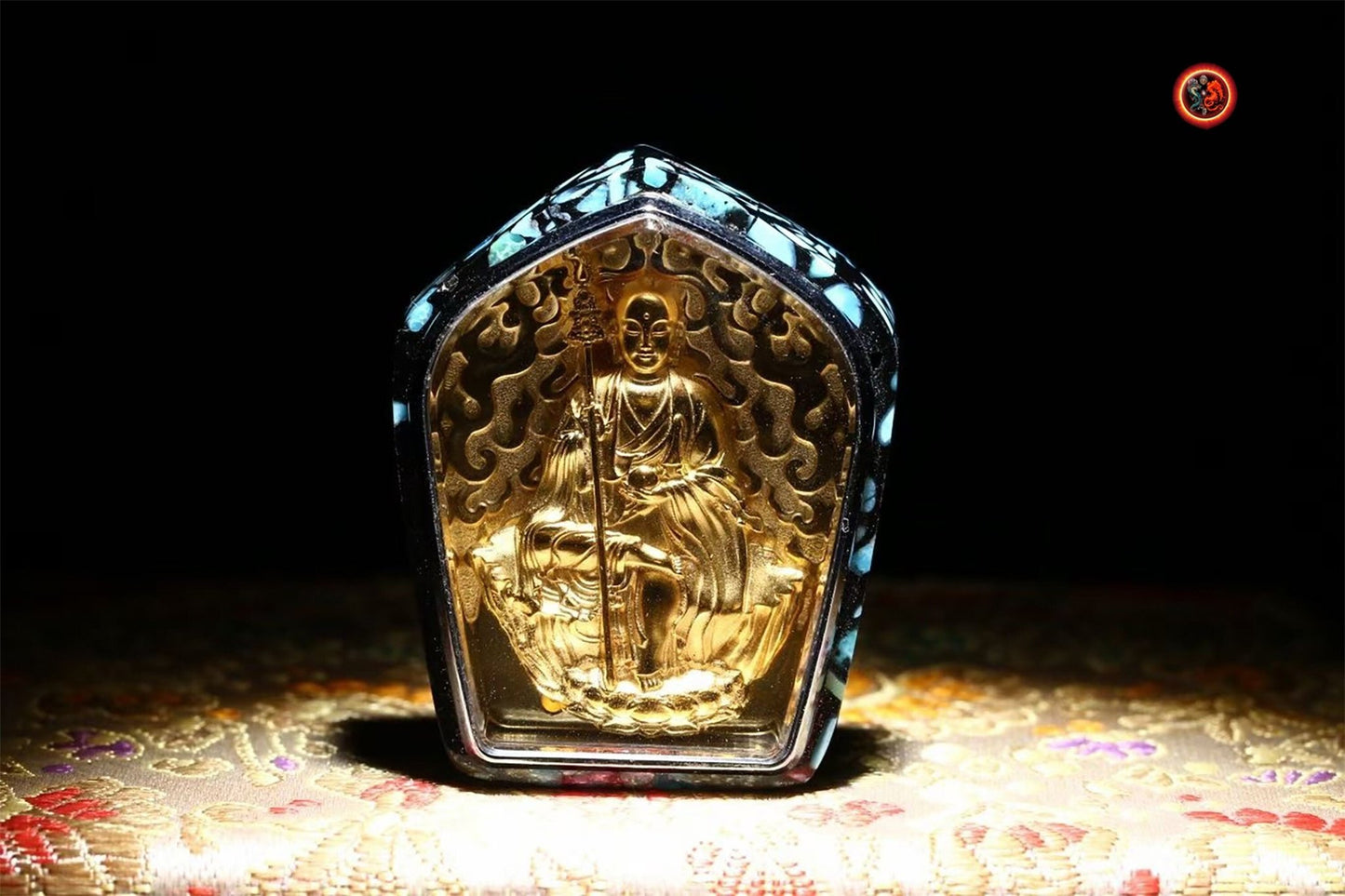 pendentif bouddha Kshitigarbha/ Dizang/ Jizo bodhisattva. Amulette de protection bouddhiste. Argent 925, plaqué or 24k, turquoise. - obsidian dragon