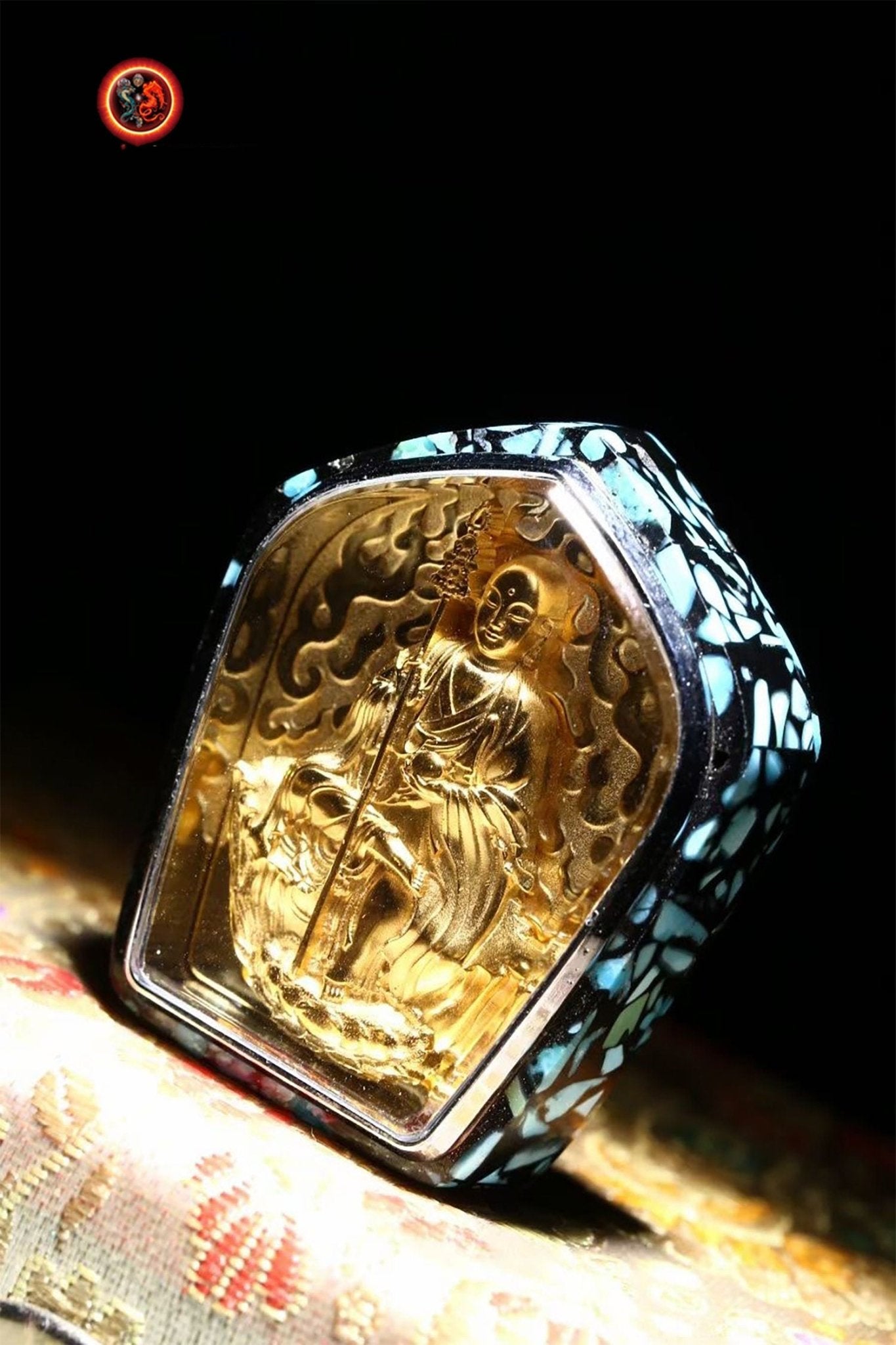 pendentif bouddha Kshitigarbha/ Dizang/ Jizo bodhisattva. Amulette de protection bouddhiste. Argent 925, plaqué or 24k, turquoise. - obsidian dragon