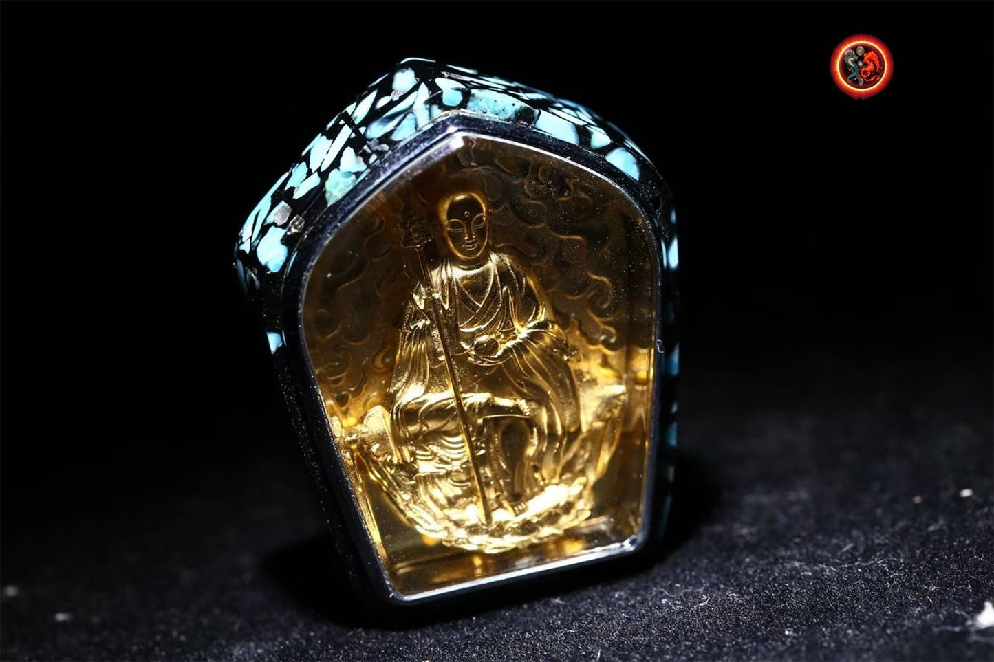 pendentif bouddha Kshitigarbha/ Dizang/ Jizo bodhisattva. Amulette de protection bouddhiste. Argent 925, plaqué or 24k, turquoise. - obsidian dragon