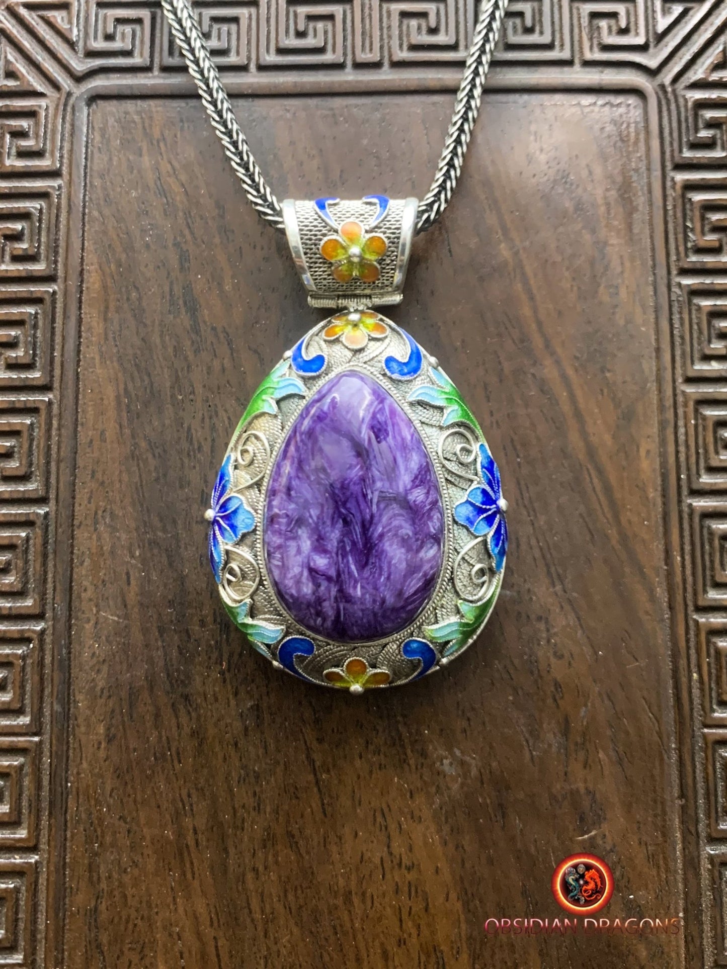 Pendentif Charoïte serti en argent 925 filigrané | obsidian dragons