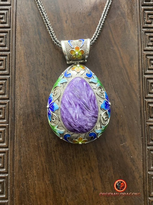Pendentif charoïte serti en argent- Tradition Dynastie Qing | obsidian dragons