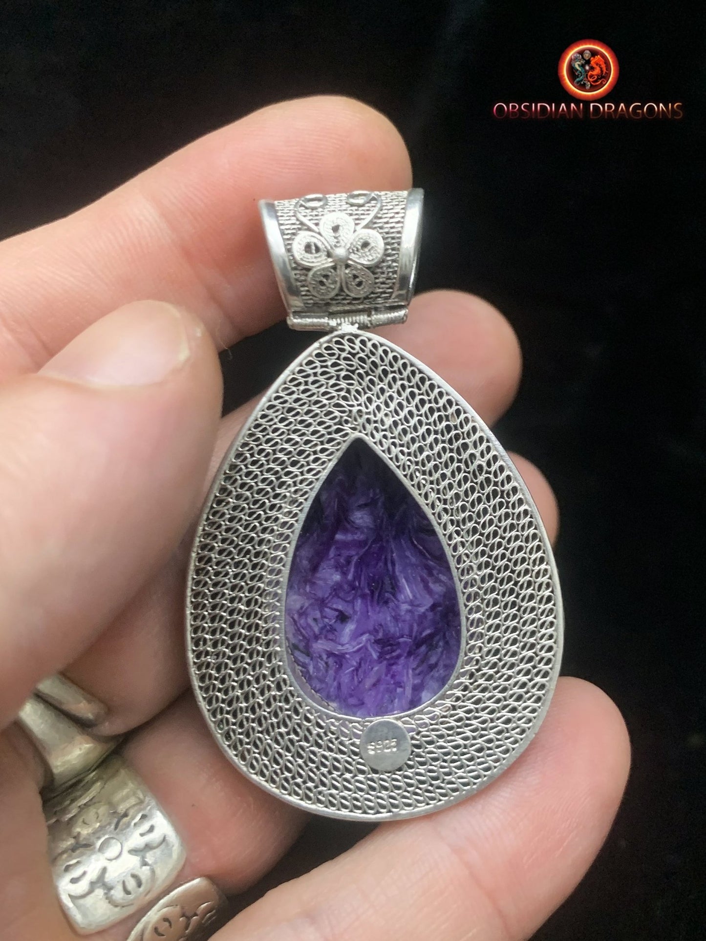 Pendentif Charoïte serti en argent 925 filigrané | obsidian dragons
