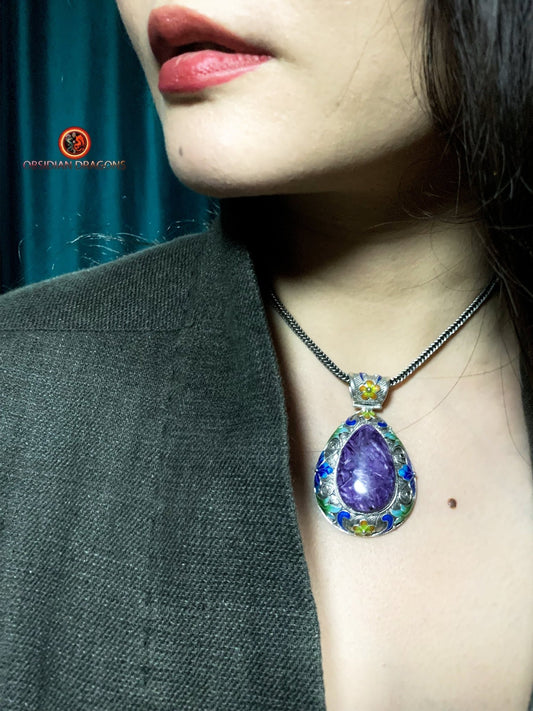 Pendentif Charoïte serti en argent 925- Traditionnel Qing | obsidian dragons