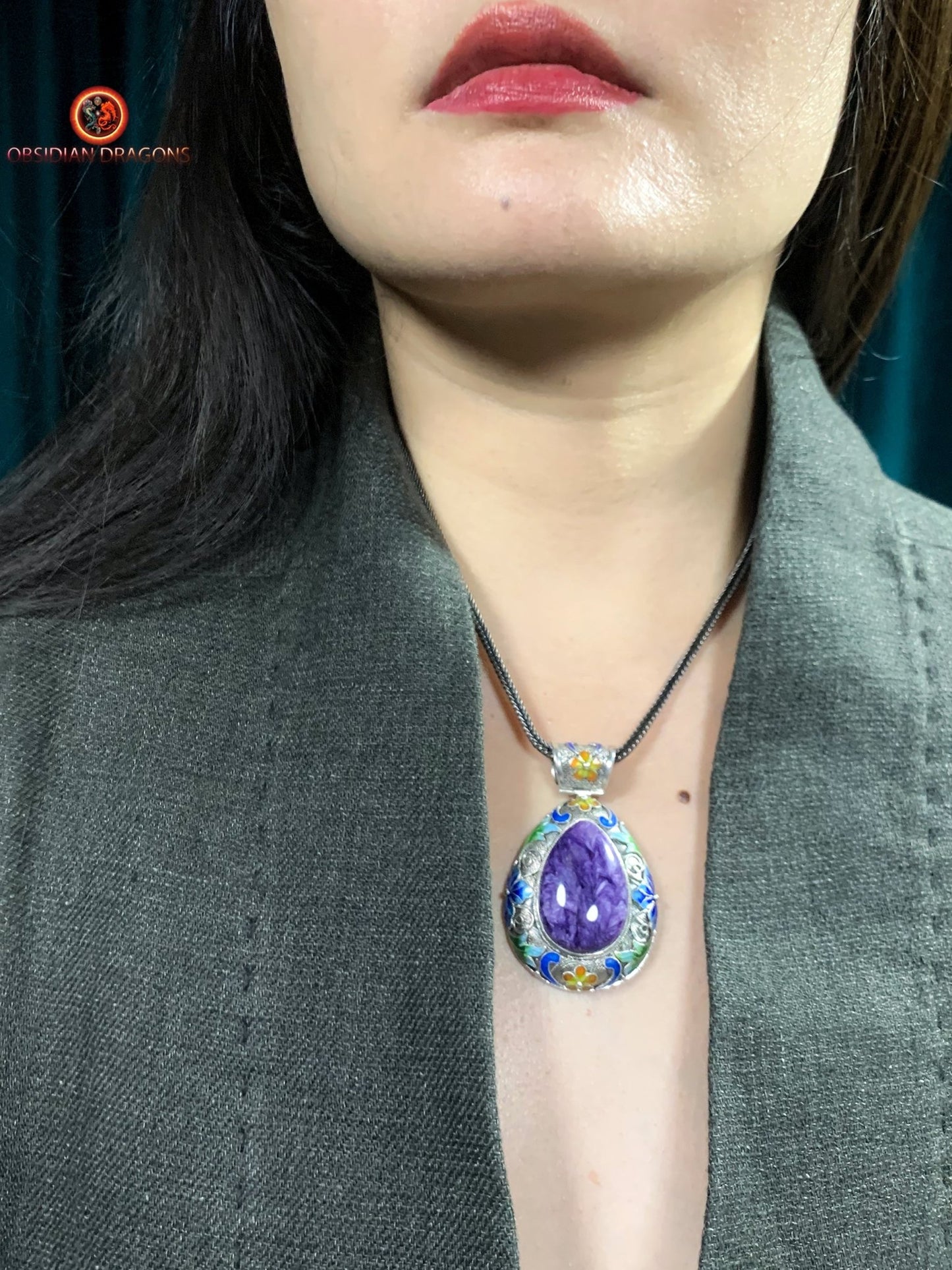 Pendentif Charoïte serti en argent 925 filigrané | obsidian dragons