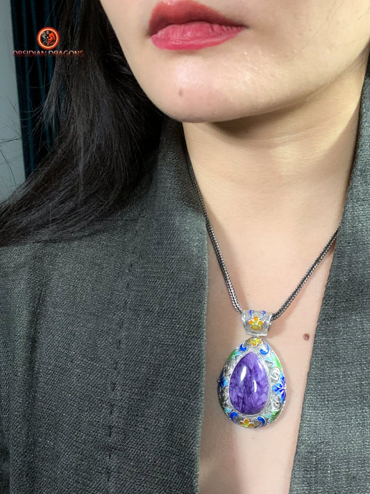 Pendentif Charoïte serti en argent 925 filigrané | obsidian dragons