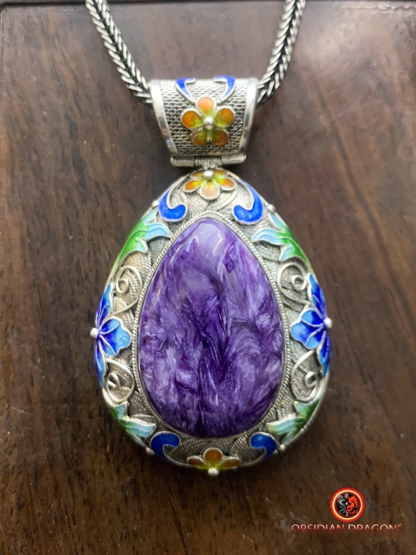 Pendentif Charoïte serti en argent 925 filigrané | obsidian dragons