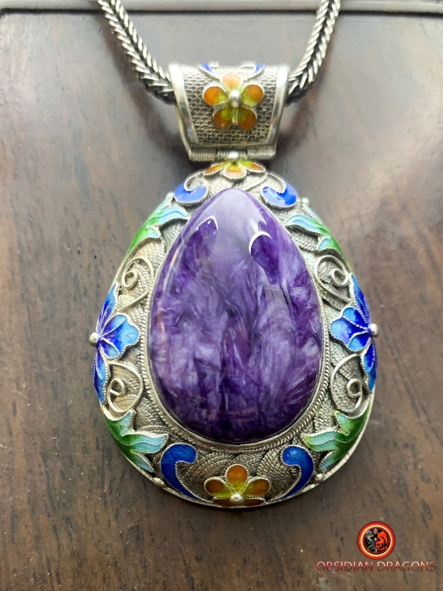 Pendentif Charoïte serti en argent 925 filigrané | obsidian dragons