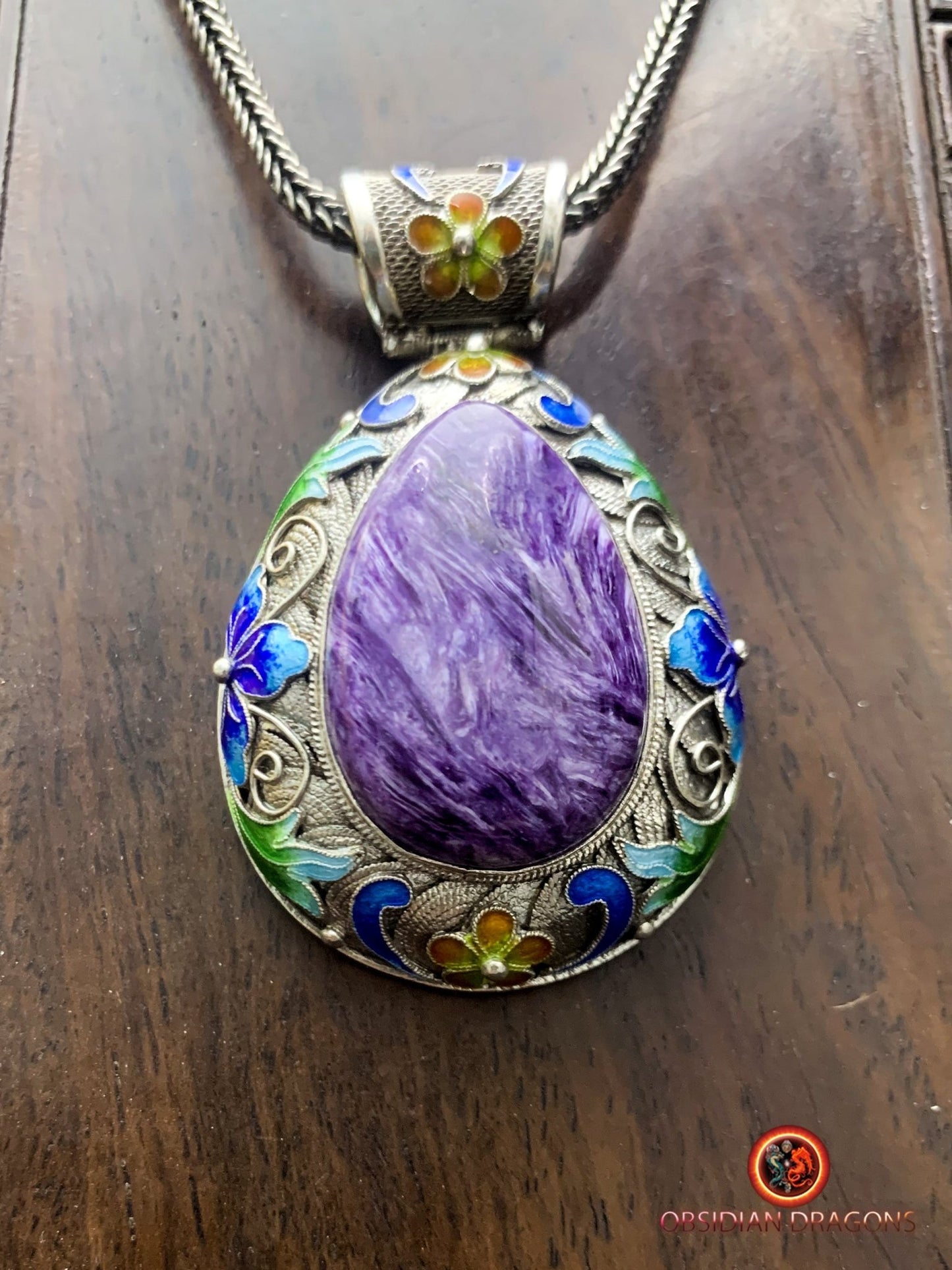 Pendentif charoïte serti en argent- Tradition Dynastie Qing | obsidian dragons