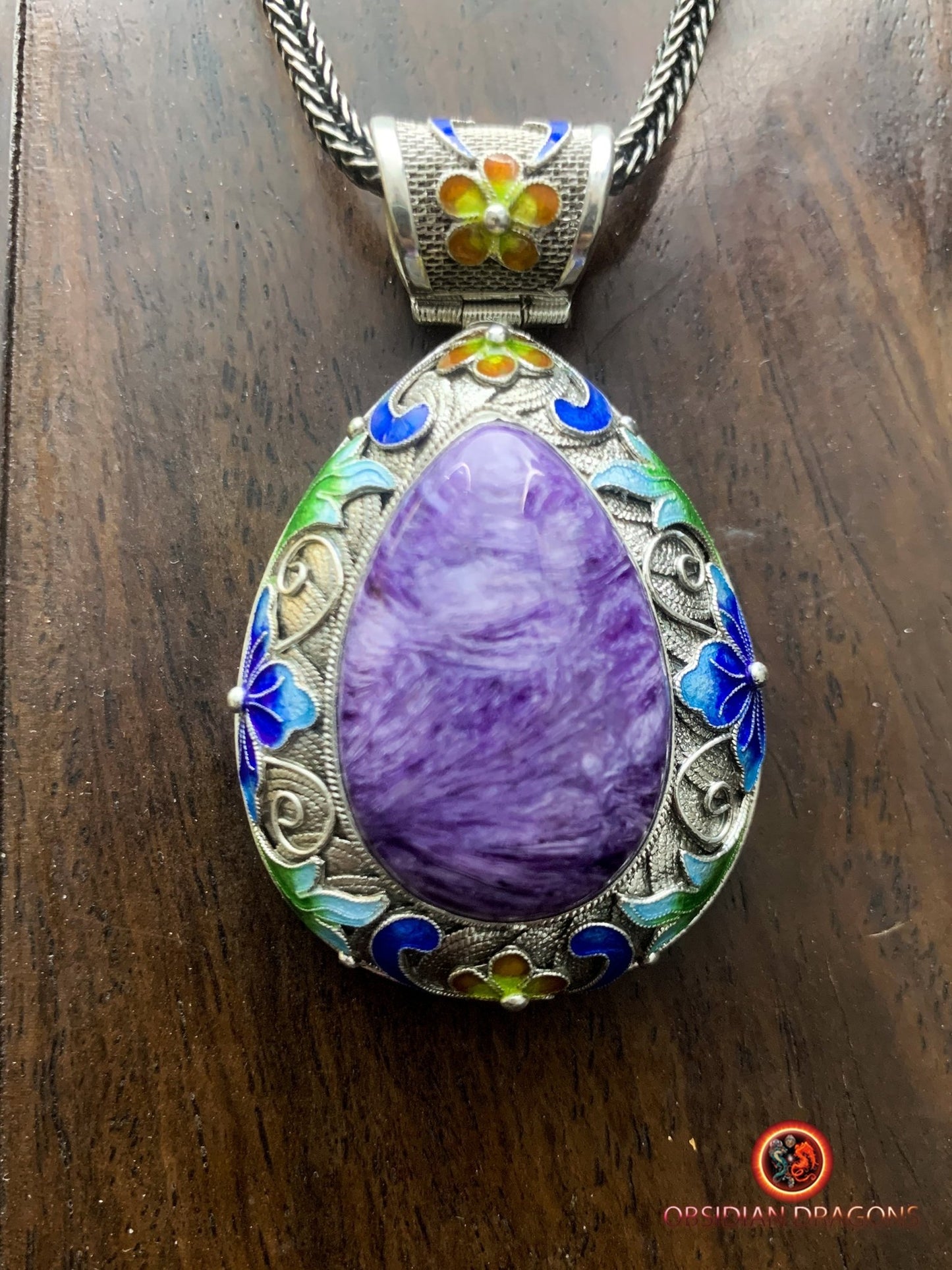 Pendentif charoïte serti en argent filigrané- Dynastie Qing | obsidian dragons