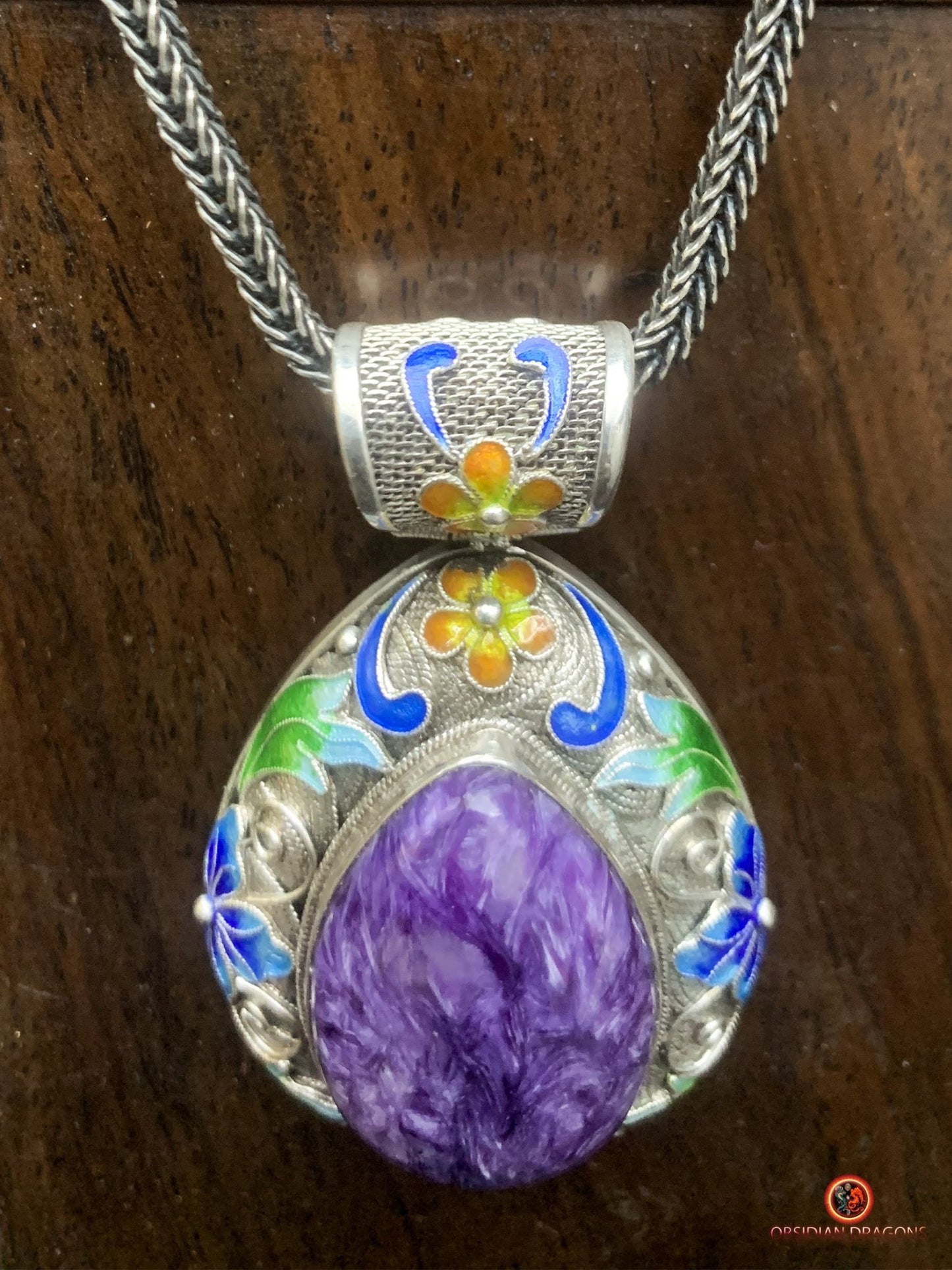 Pendentif Charoïte serti en argent 925 filigrané | obsidian dragons