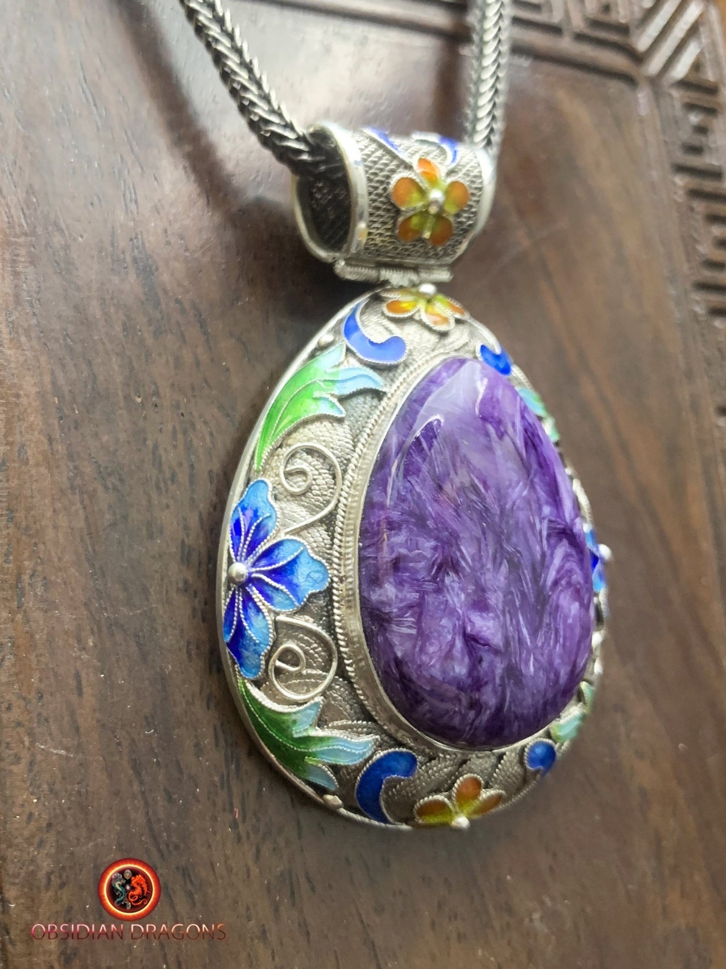 Pendentif Charoïte serti en argent 925 filigrané | obsidian dragons