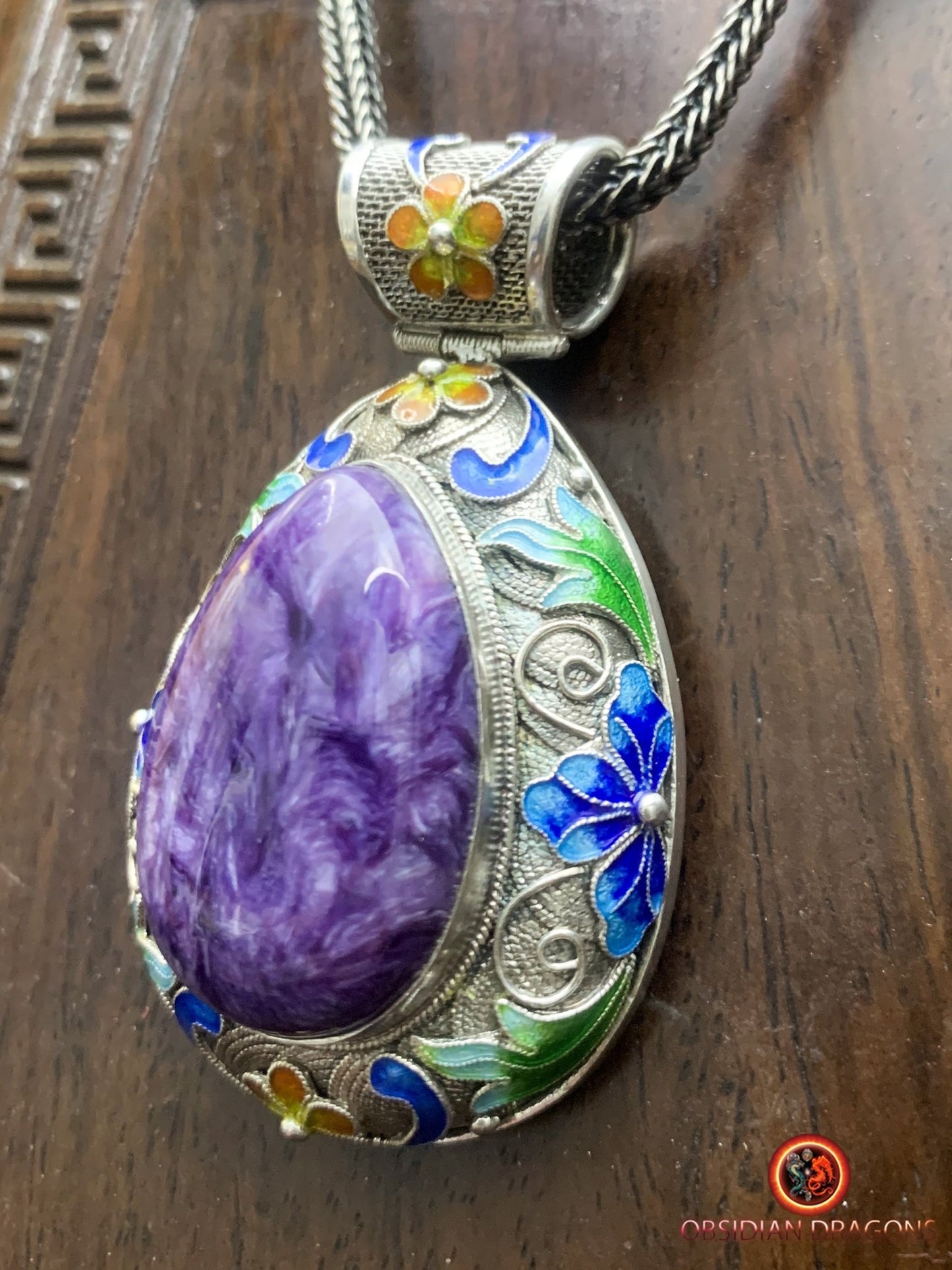 Pendentif Charoïte serti en argent 925 filigrané | obsidian dragons