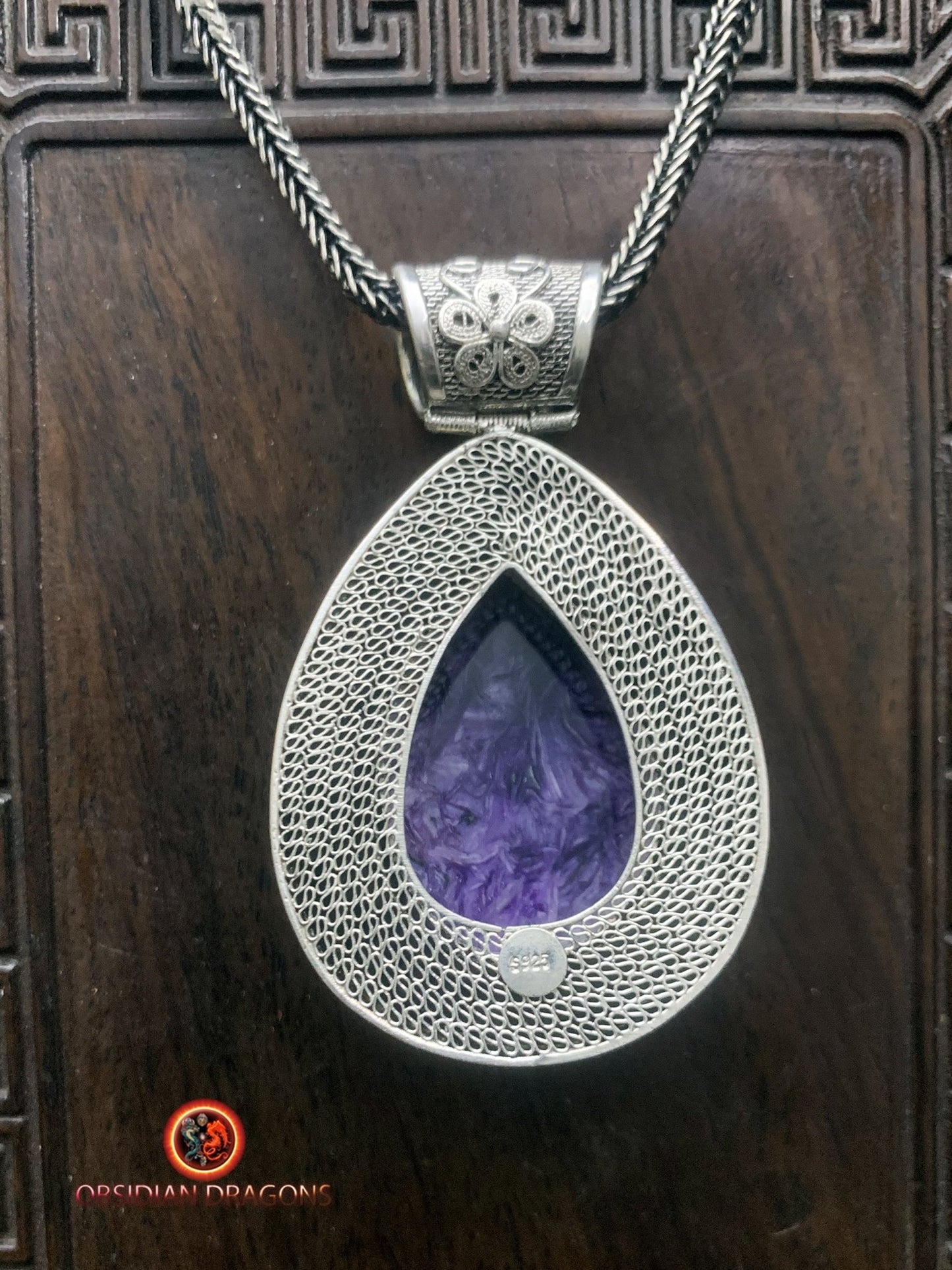 Pendentif Charoïte serti en argent 925 filigrané | obsidian dragons