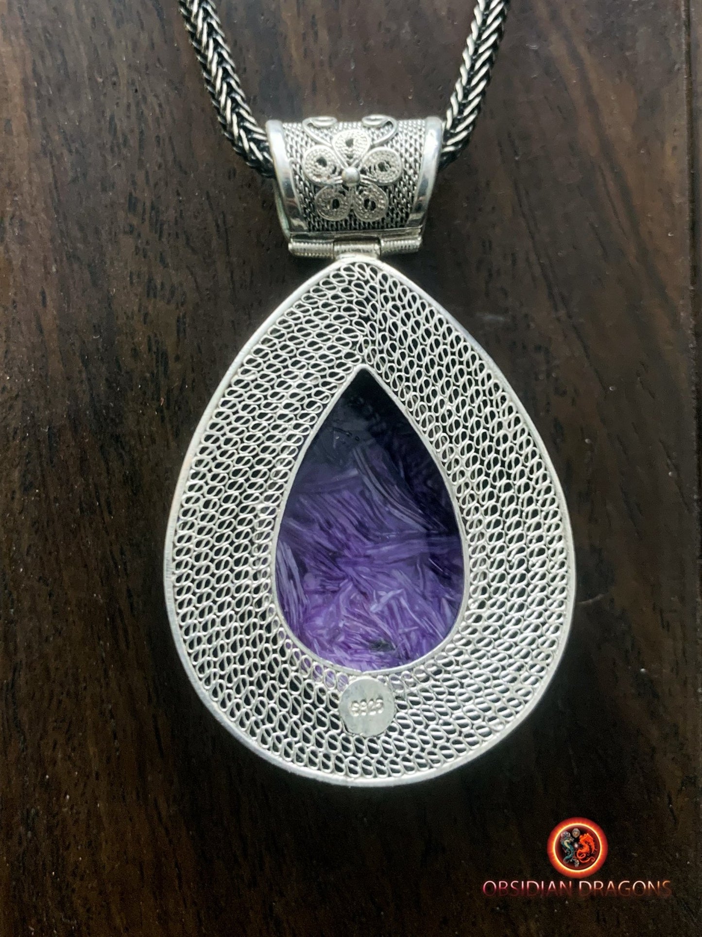Pendentif charoïte serti en argent filigrané- Cité interdite | obsidian dragons
