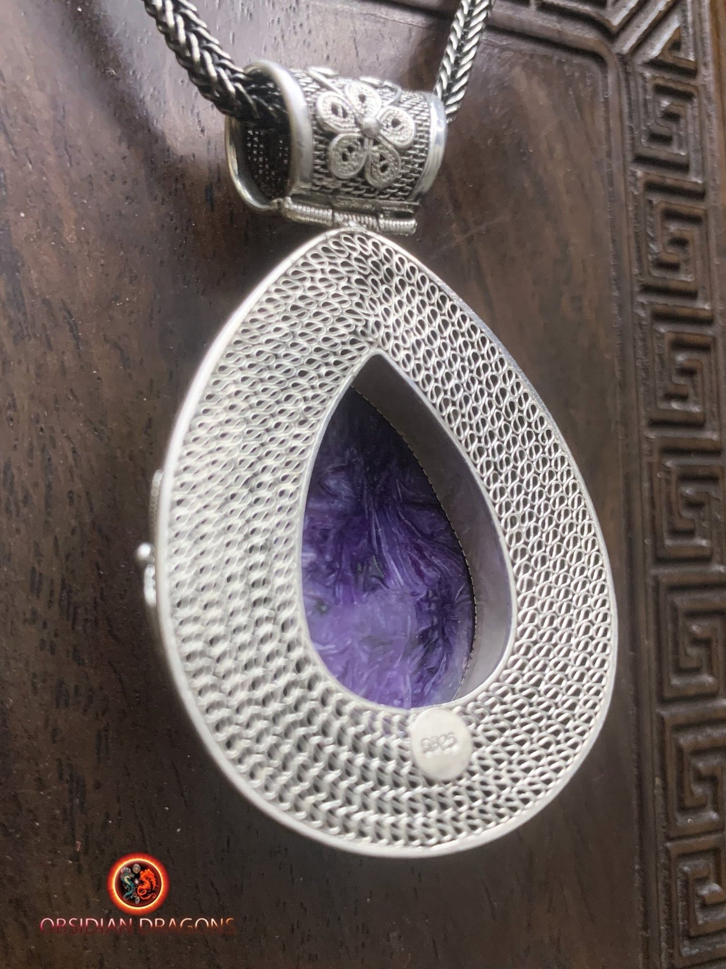 Pendentif Charoïte serti en argent 925 filigrané | obsidian dragons