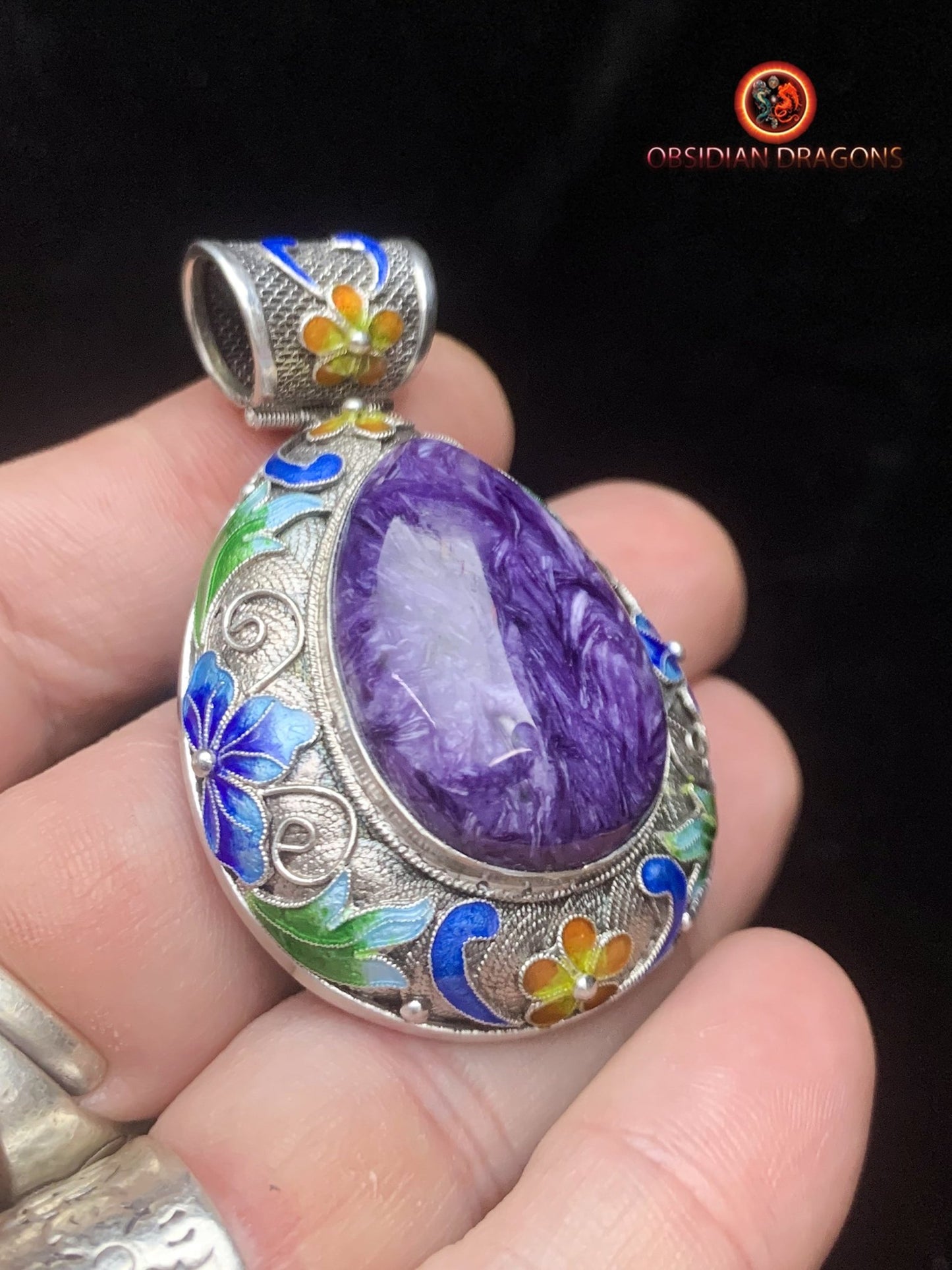Pendentif Charoïte serti en argent 925 filigrané | obsidian dragons