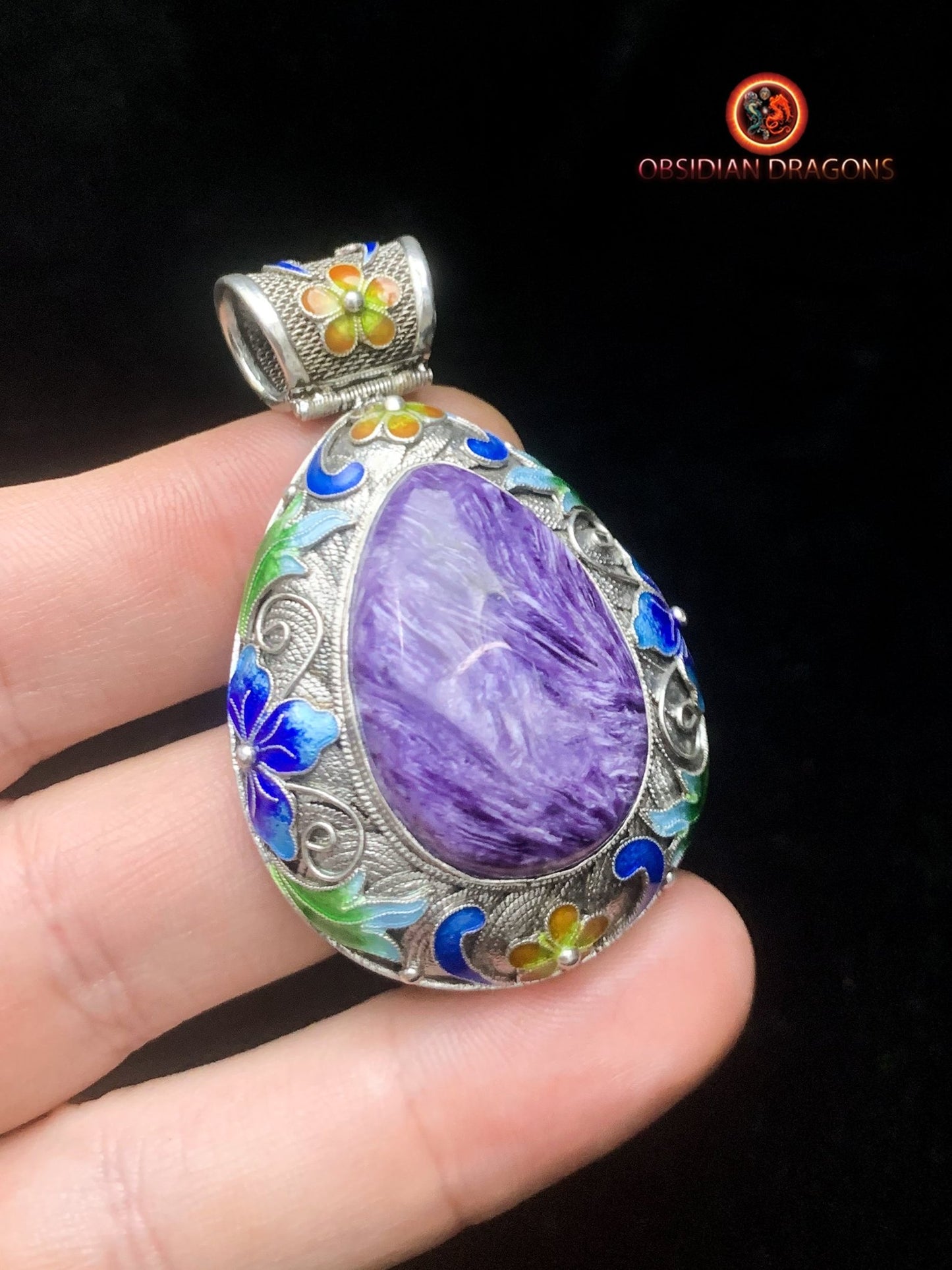 Pendentif charoïte serti en argent- Tradition Dynastie Qing | obsidian dragons