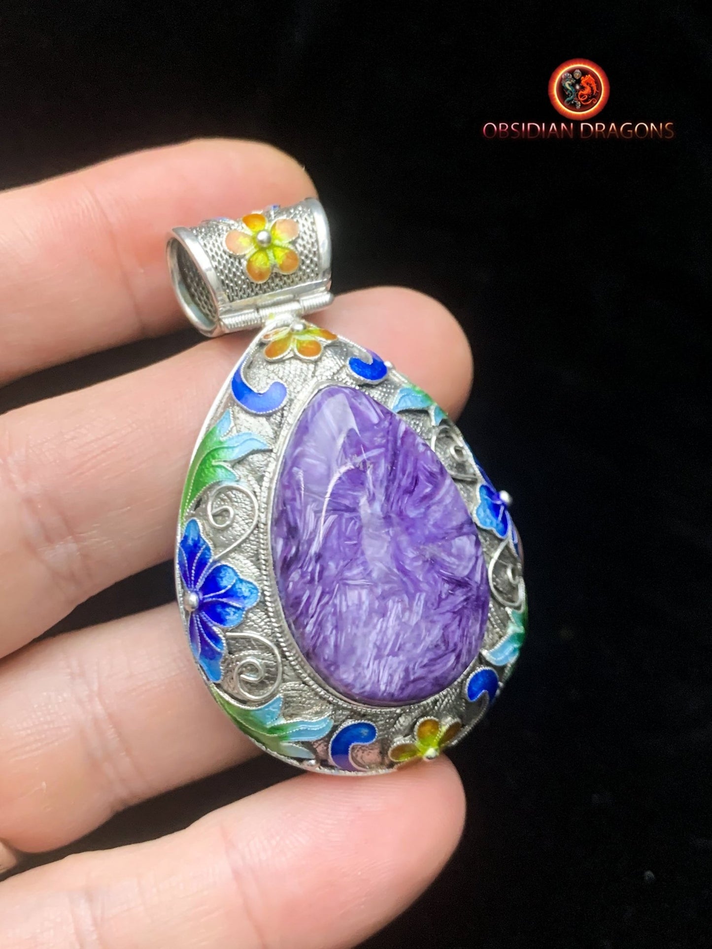 Pendentif charoïte serti en argent filigrané- Cité interdite | obsidian dragons