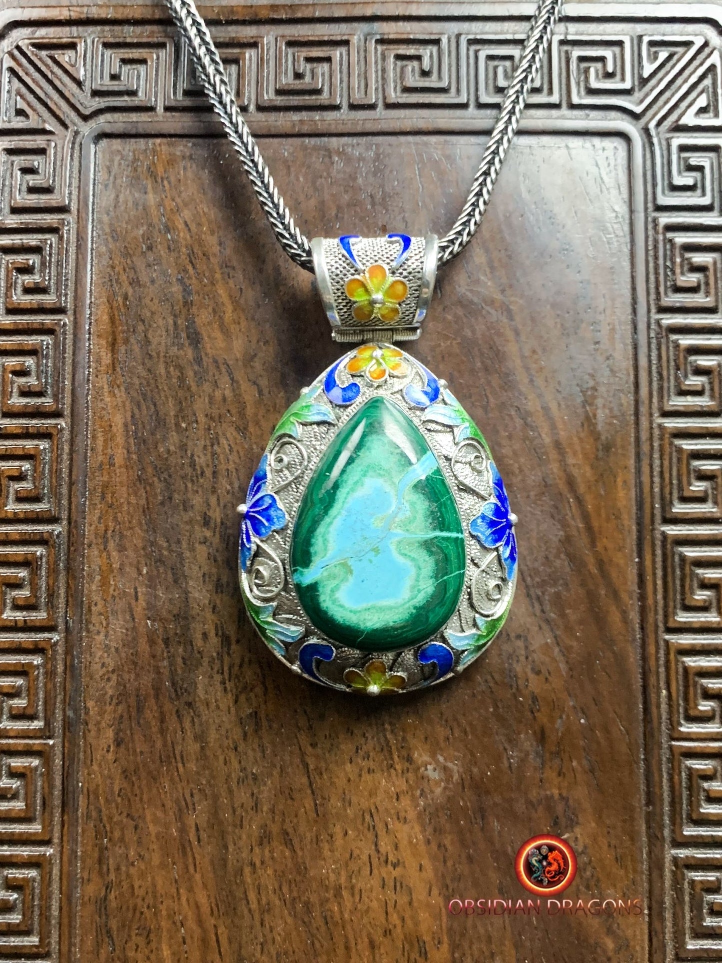 Pendentif en chrysocolle- Argent- Traditionnel dynastie Qing | obsidian dragons