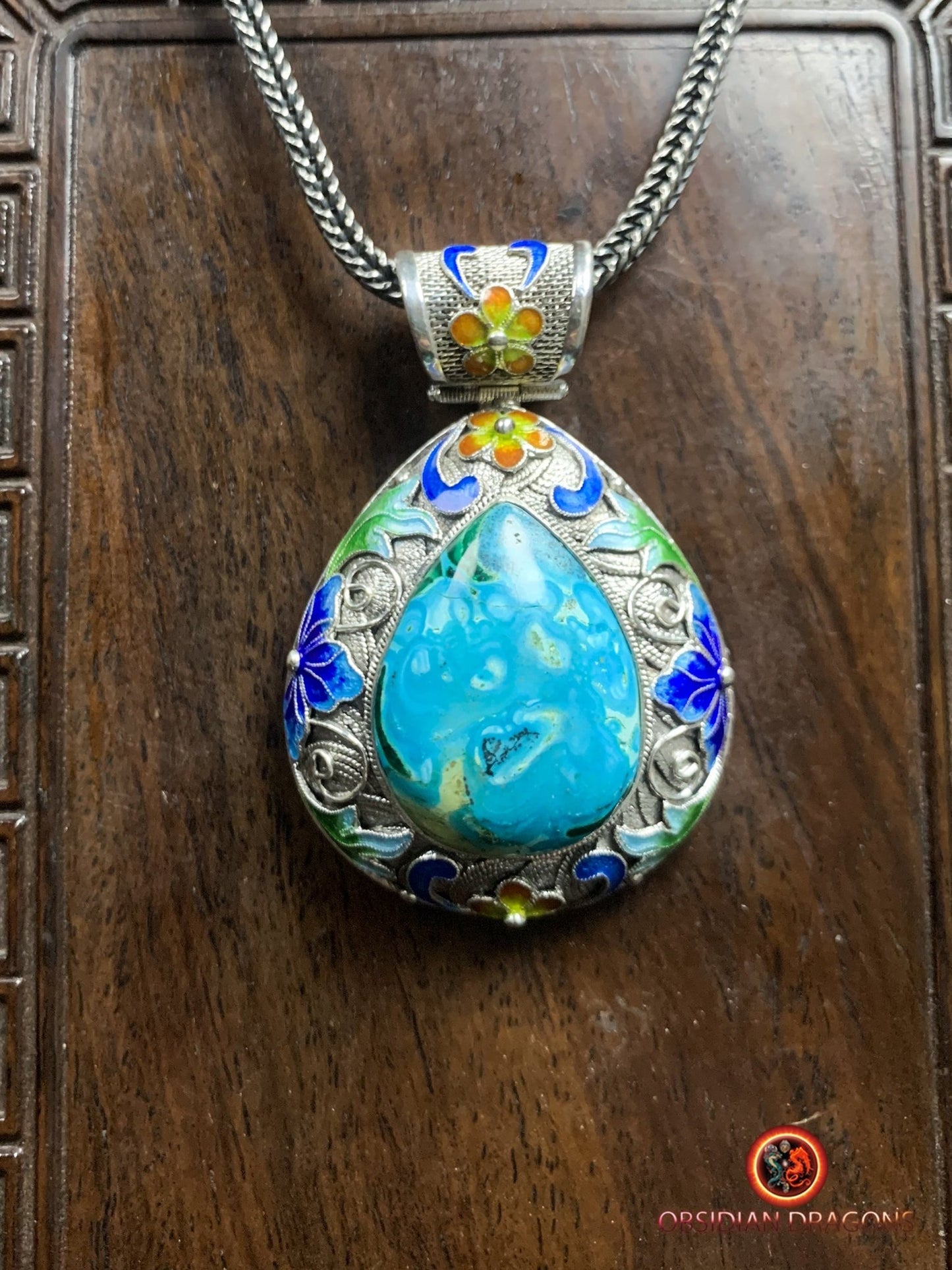 Pendentif en chrysocolle- Argent- Traditionnel Qing Dynastie | obsidian dragons