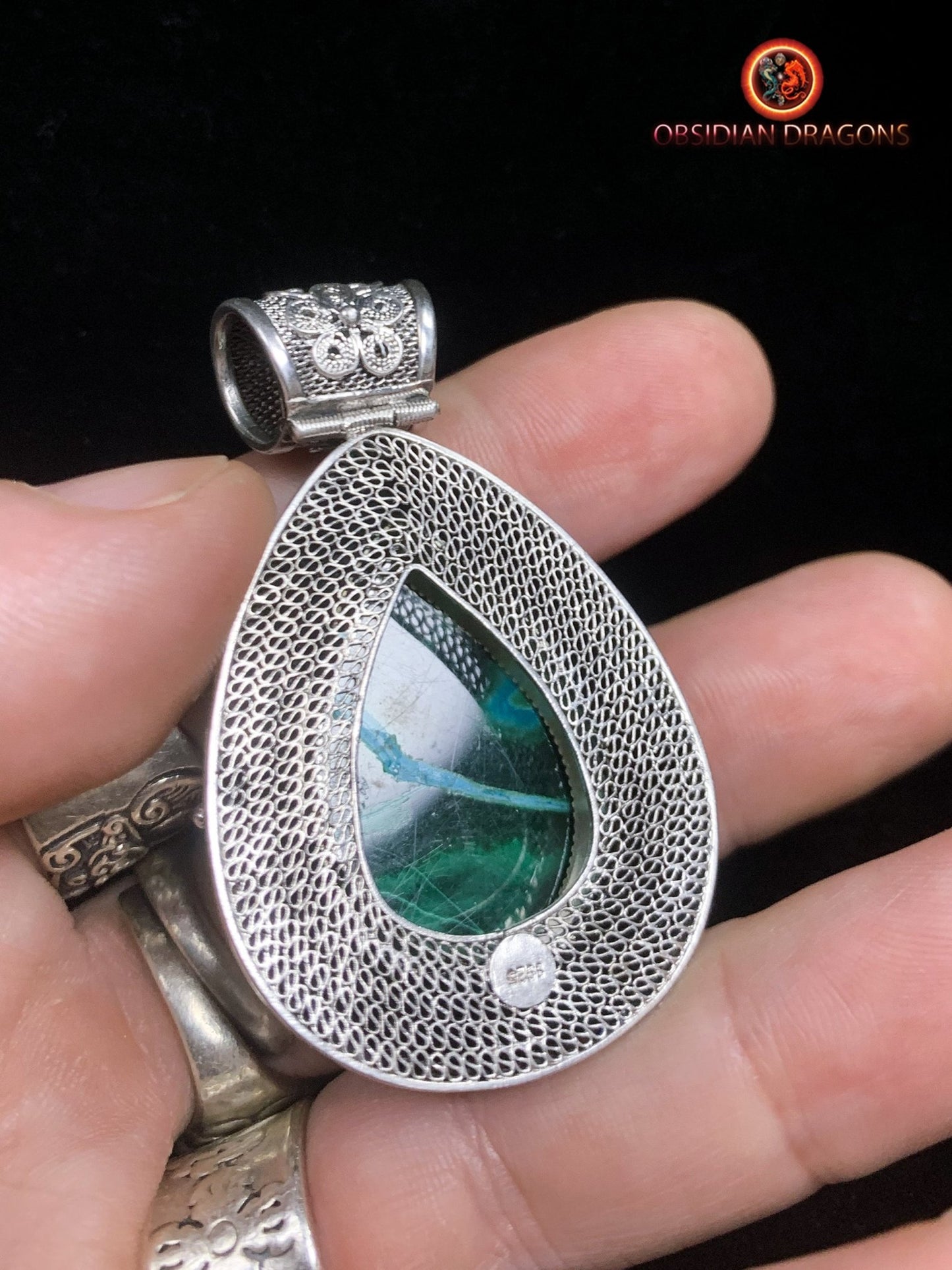 Pendentif en chrysocolle- Argent- Traditionnel dynastie Qing | obsidian dragons