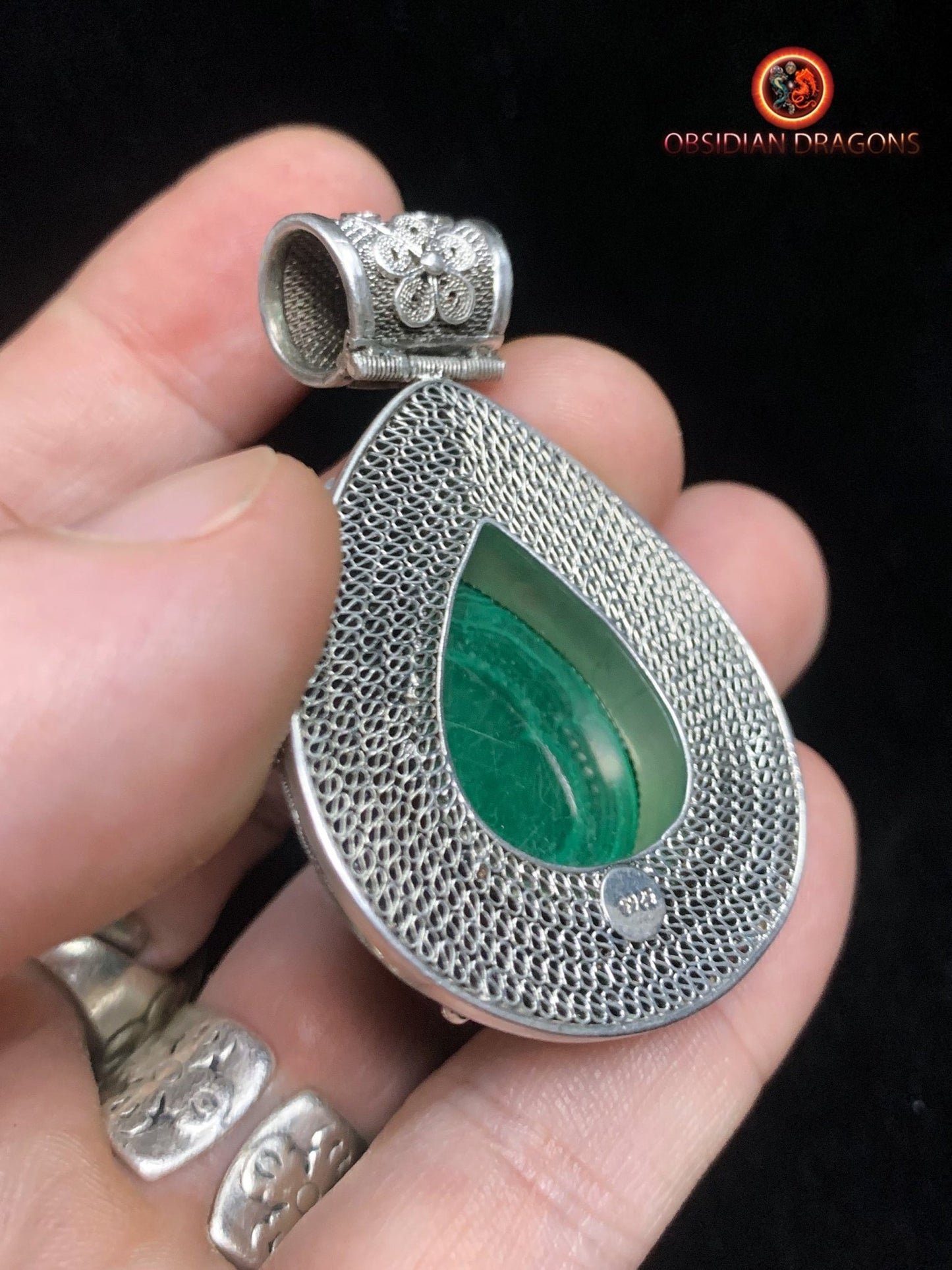 Pendentif en chrysocolle serti en argent 925 filigrané | obsidian dragons