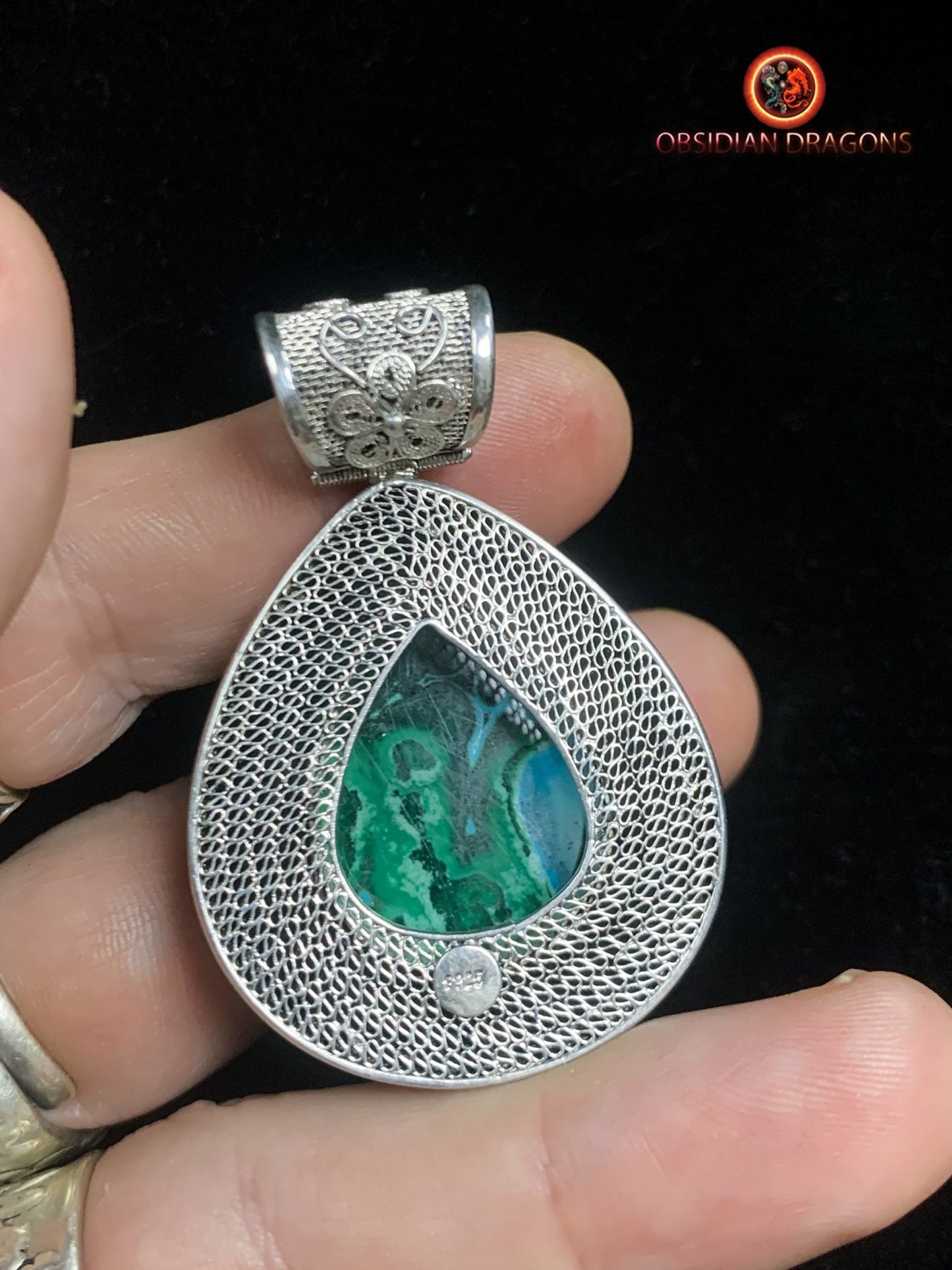 Pendentif en chrysocolle- Argent- Traditionnel Qing Dynastie | obsidian dragons