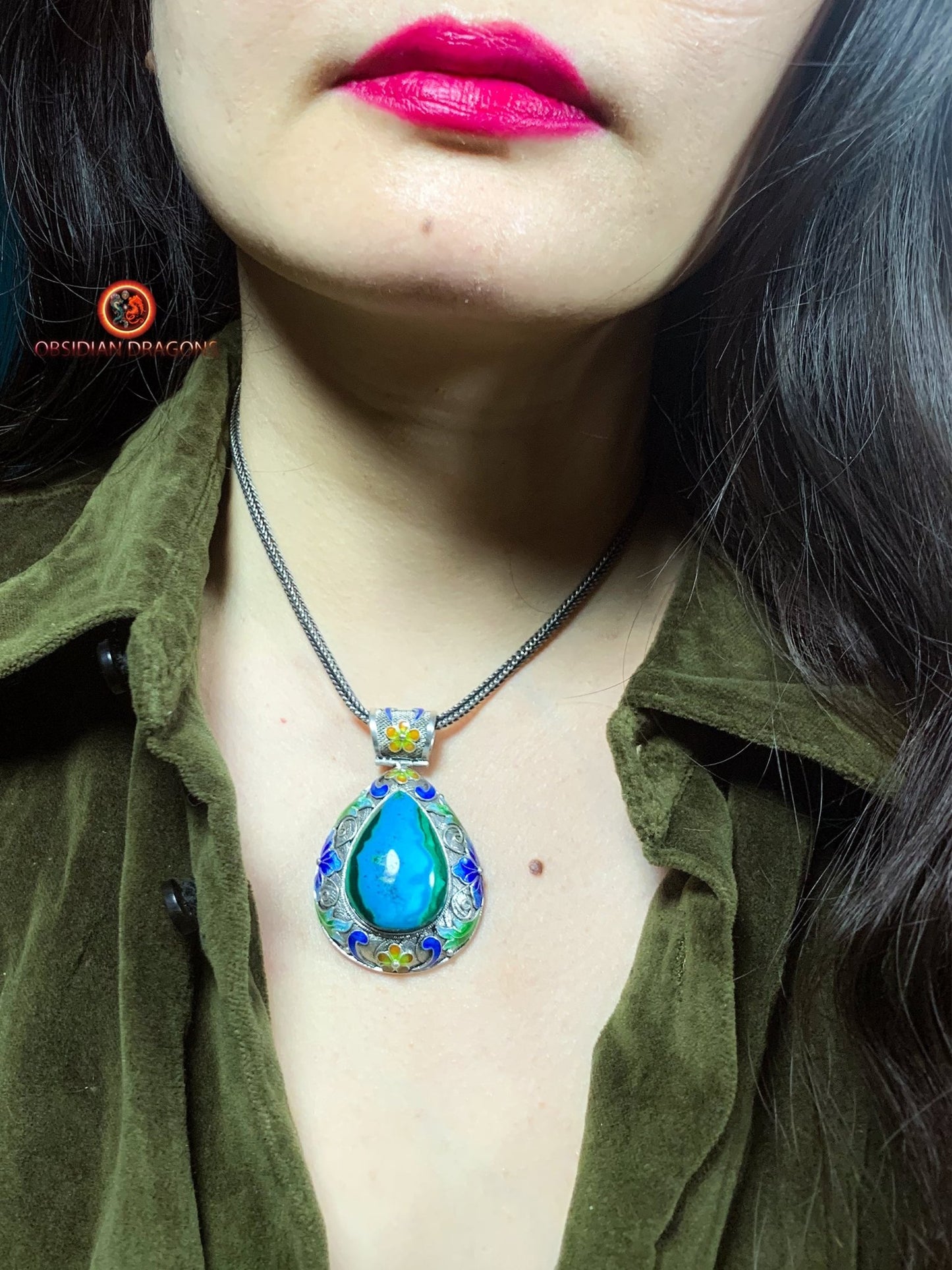 Pendentif en chrysocolle serti en argent 925 filigrané | obsidian dragons