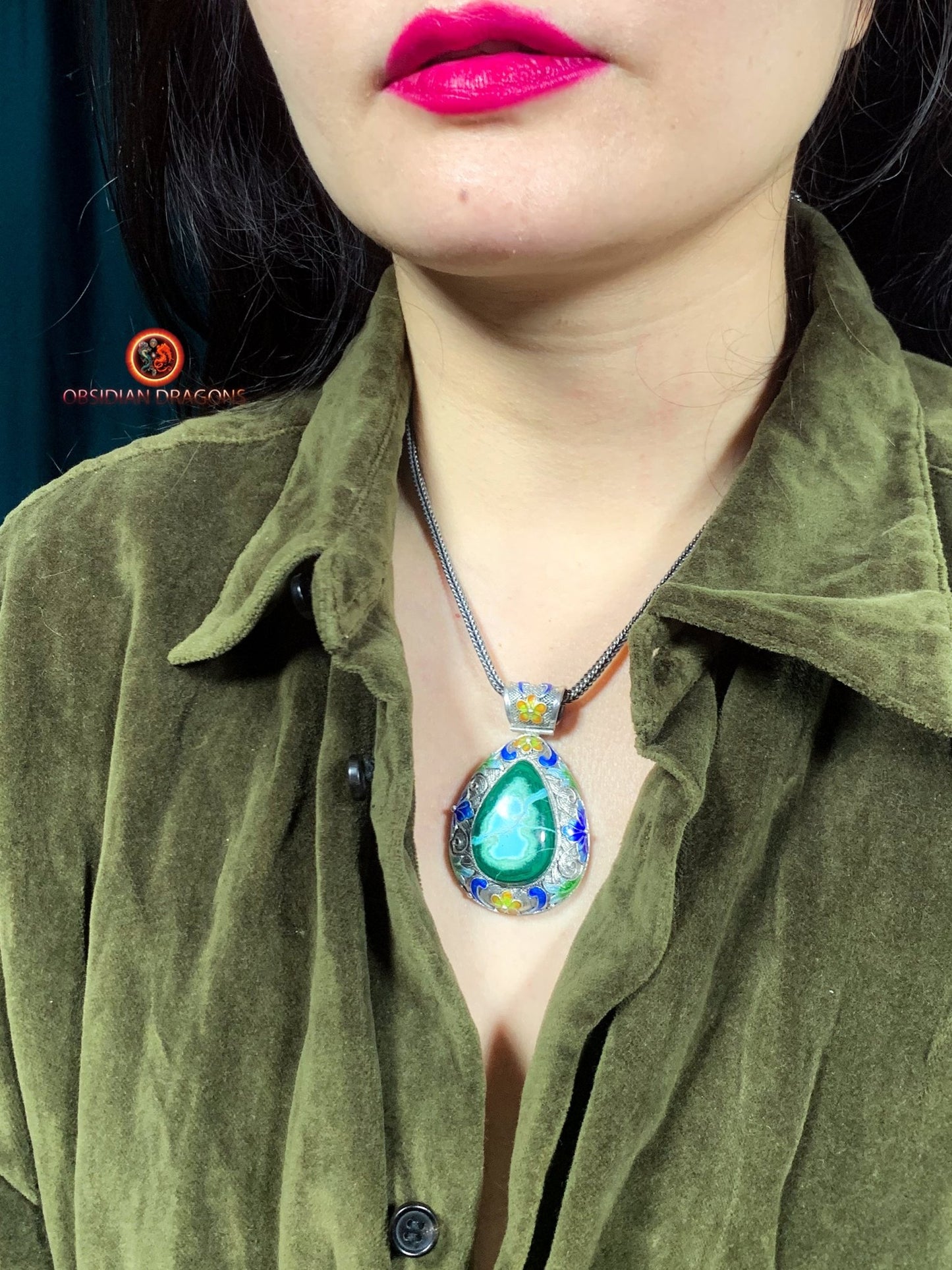 Pendentif en chrysocolle- Argent- Traditionnel dynastie Qing | obsidian dragons