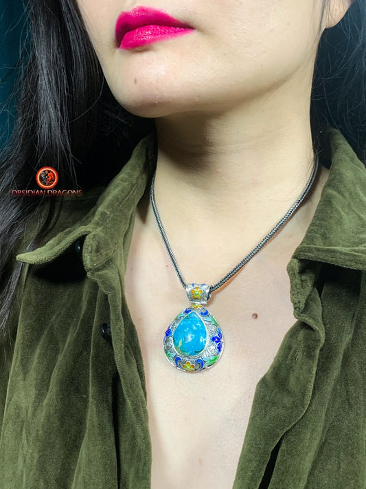 Pendentif en chrysocolle- Argent- Traditionnel Qing Dynastie | obsidian dragons