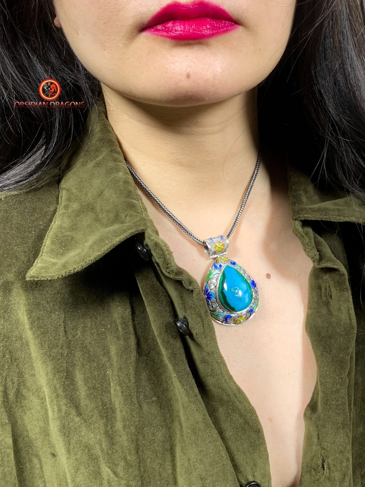 Pendentif en chrysocolle serti en argent 925 filigrané | obsidian dragons
