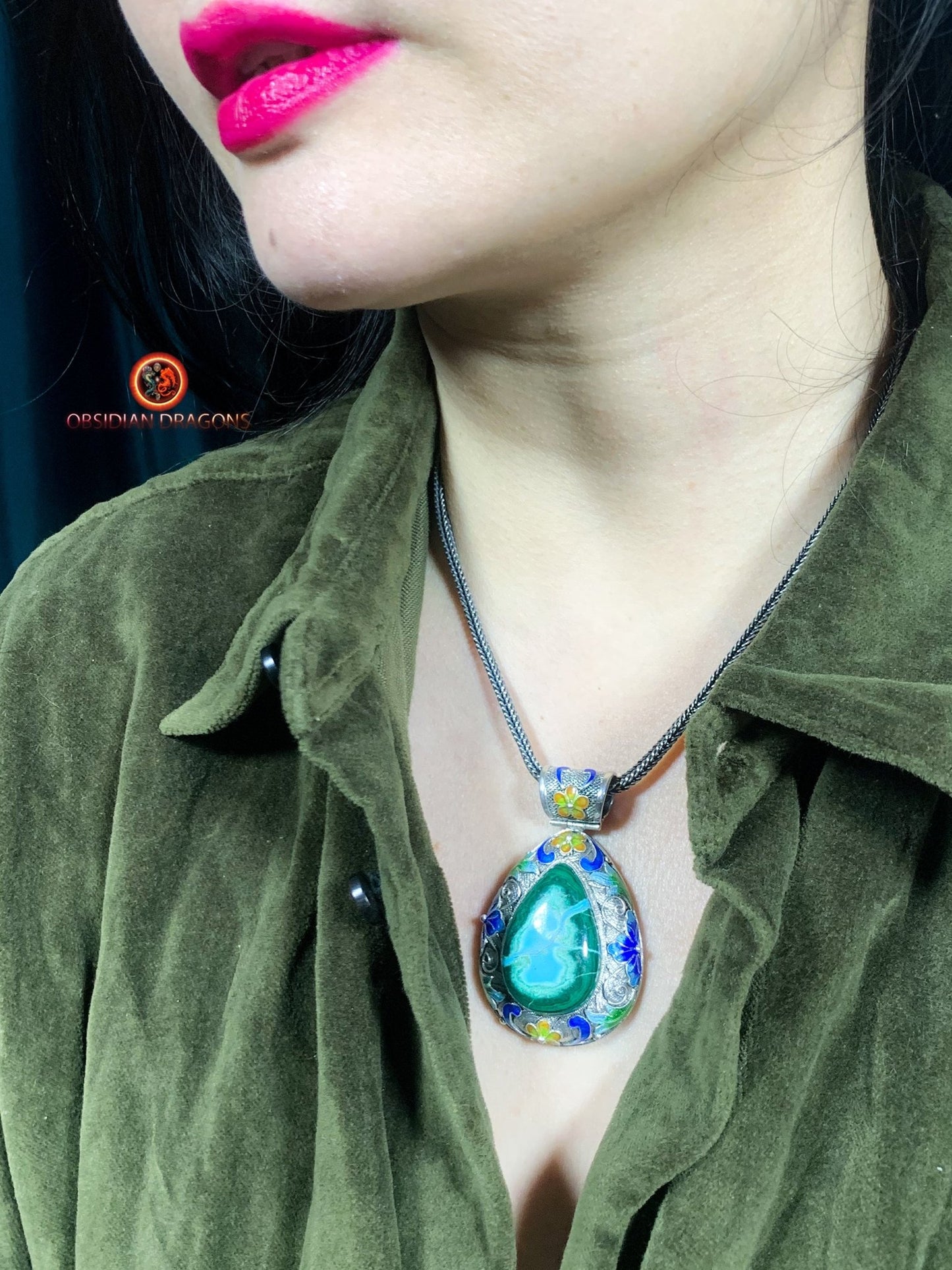 Pendentif en chrysocolle- Argent- Traditionnel dynastie Qing | obsidian dragons