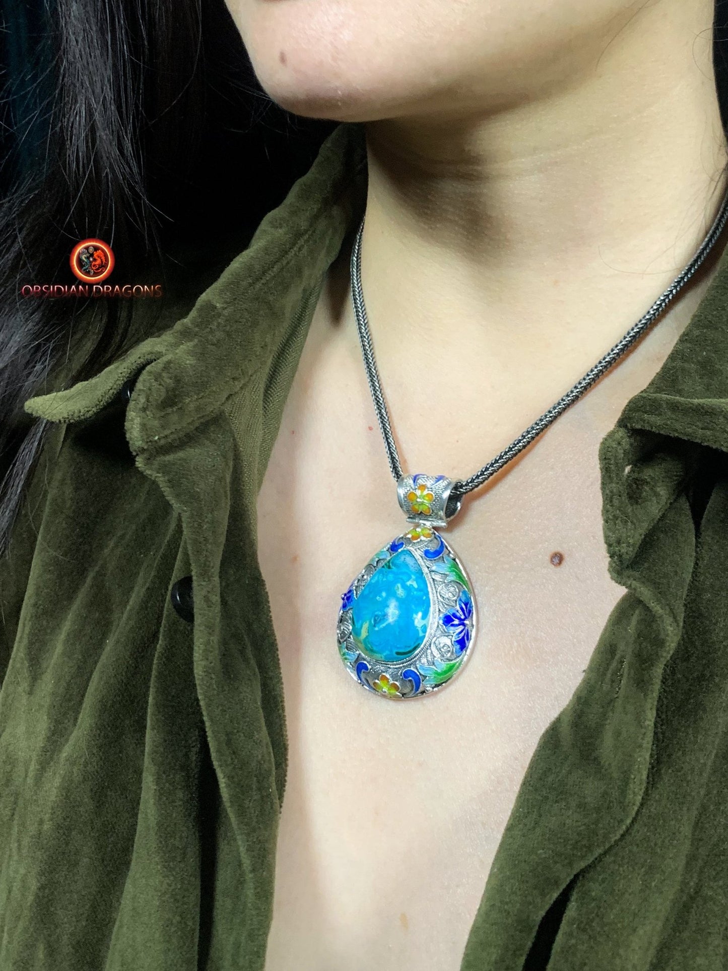 Pendentif en chrysocolle- Argent- Traditionnel Qing Dynastie | obsidian dragons