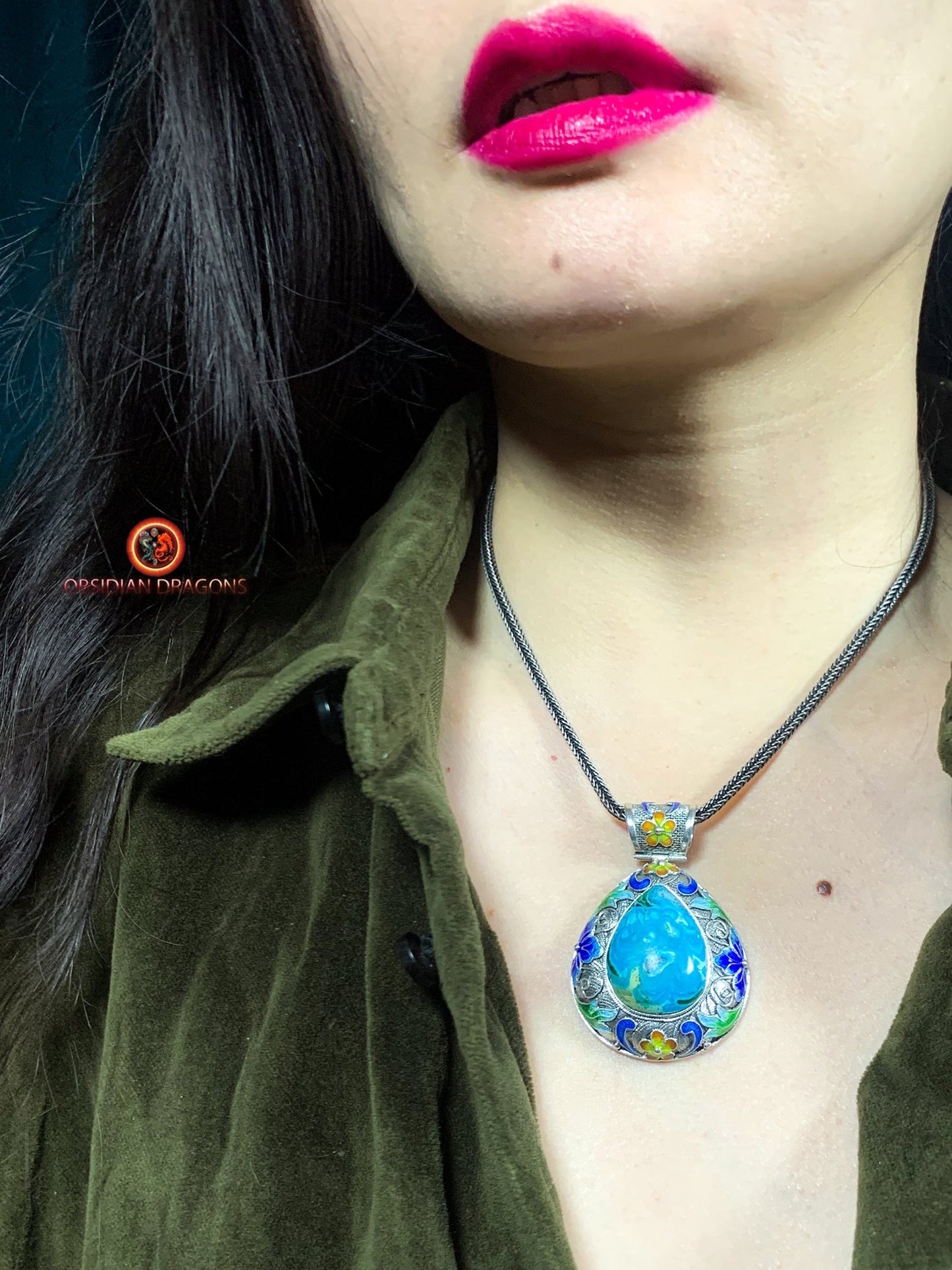 Pendentif en chrysocolle- Argent- Traditionnel Qing Dynastie | obsidian dragons