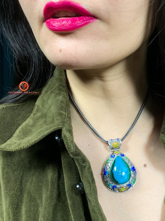 Pendentif en chrysocolle serti en argent 925 filigrané | obsidian dragons