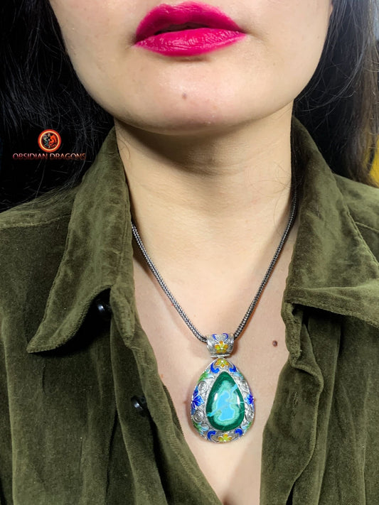 Pendentif en chrysocolle- Argent- Traditionnel dynastie Qing | obsidian dragons