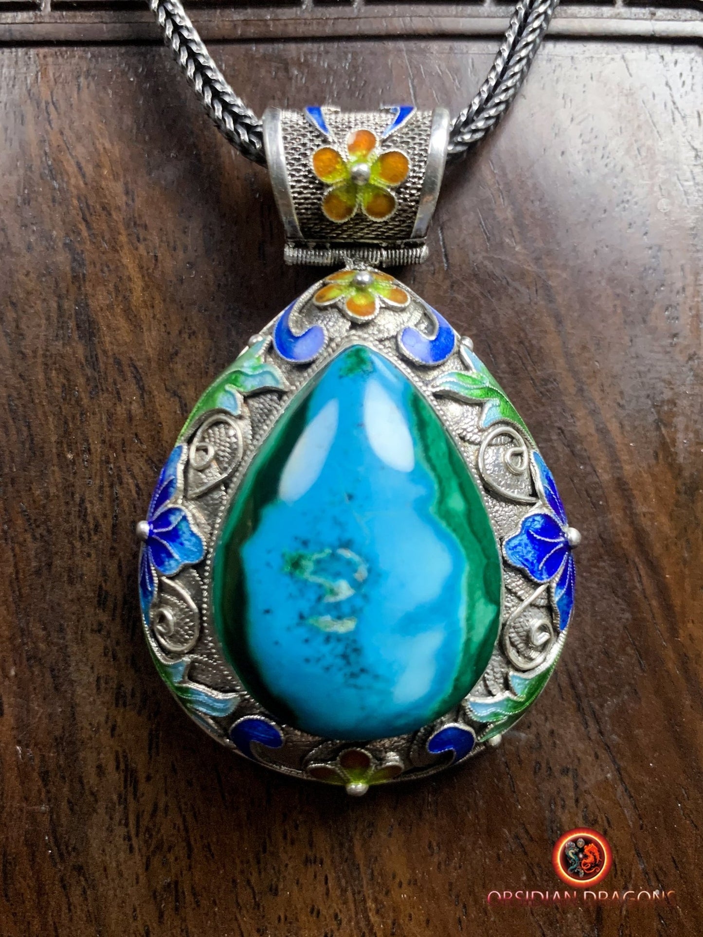 Pendentif en chrysocolle serti en argent 925 filigrané | obsidian dragons