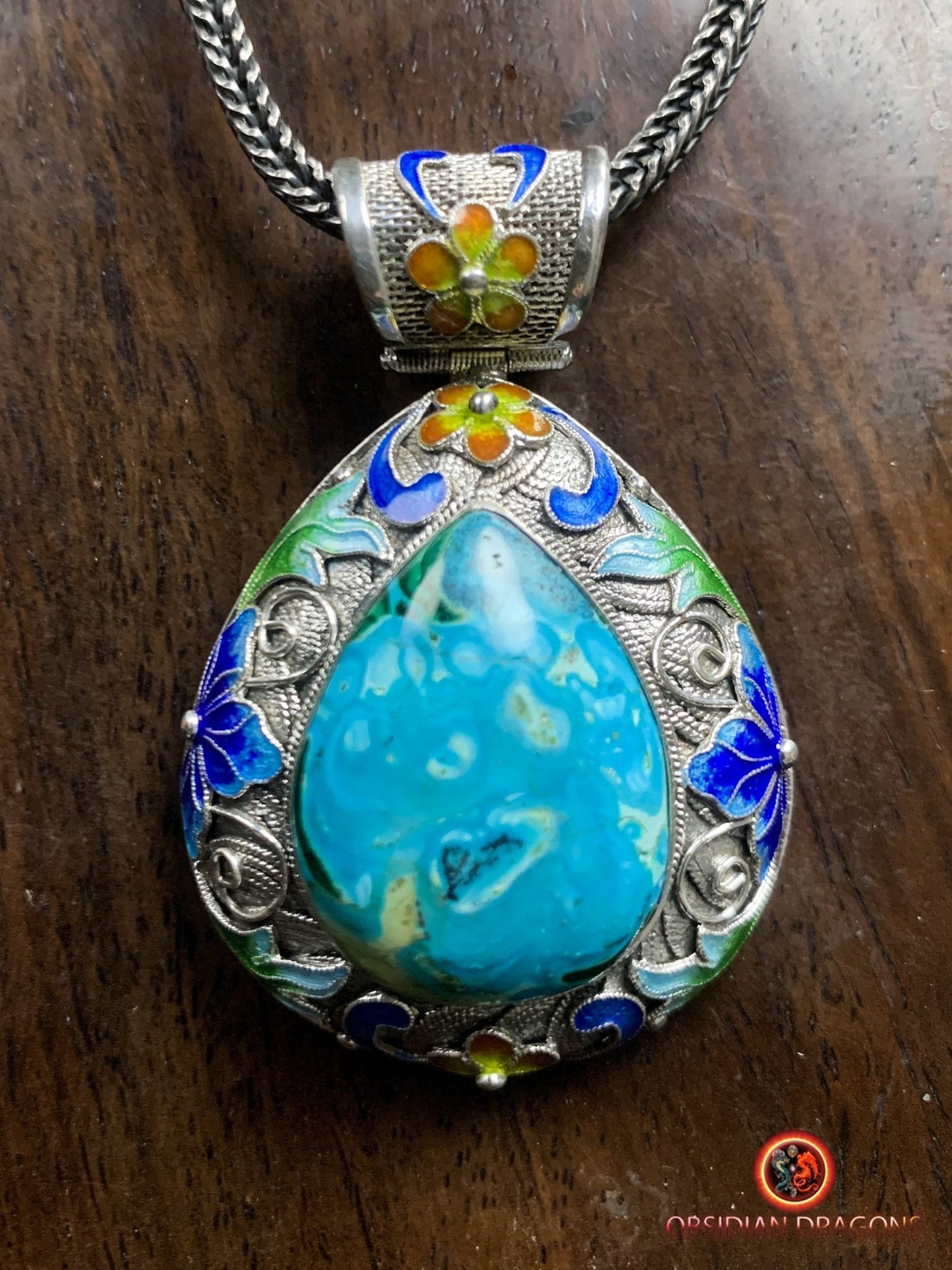 Pendentif en chrysocolle- Argent- Traditionnel Qing Dynastie | obsidian dragons