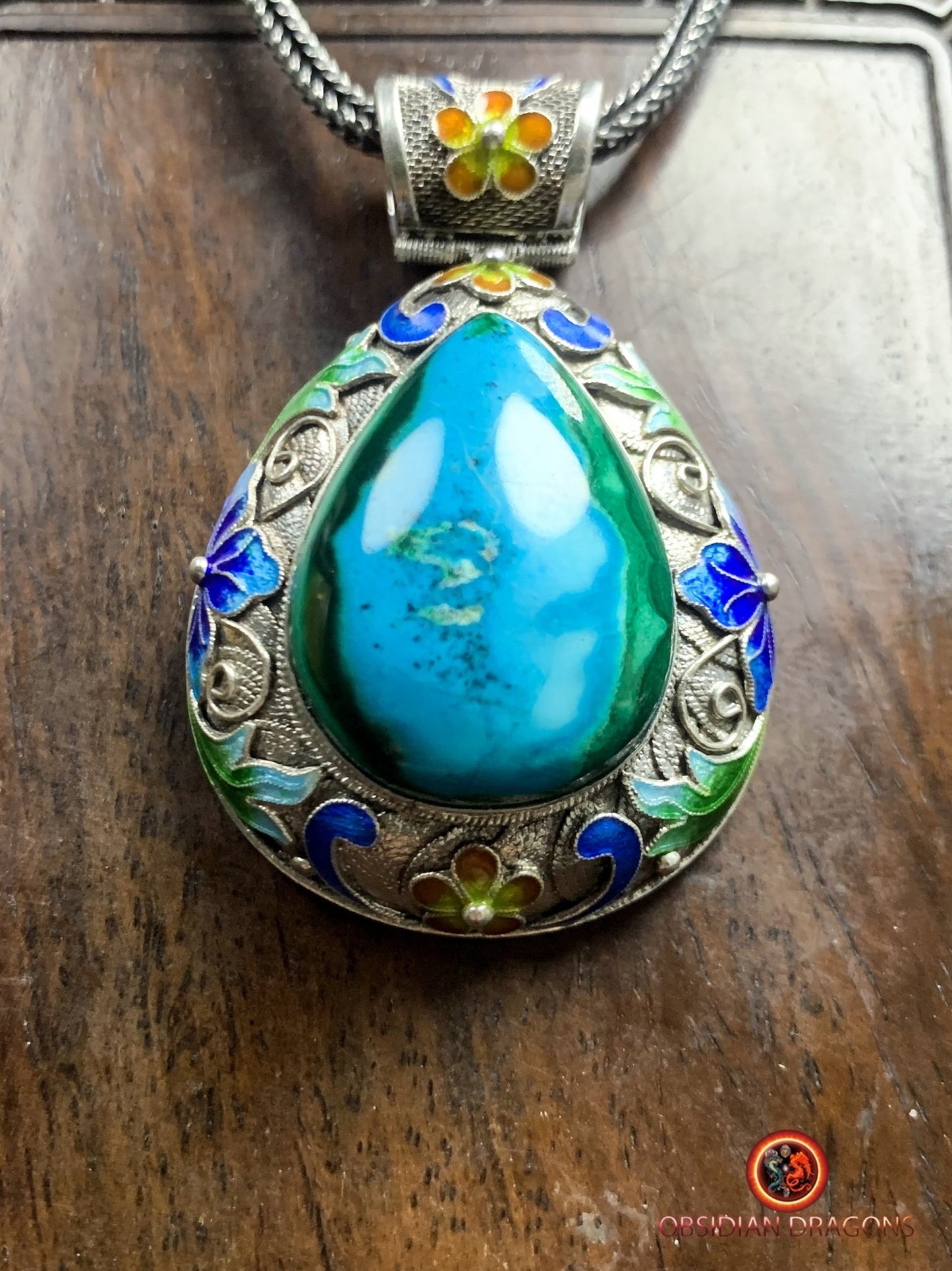 Pendentif en chrysocolle serti en argent 925 filigrané | obsidian dragons