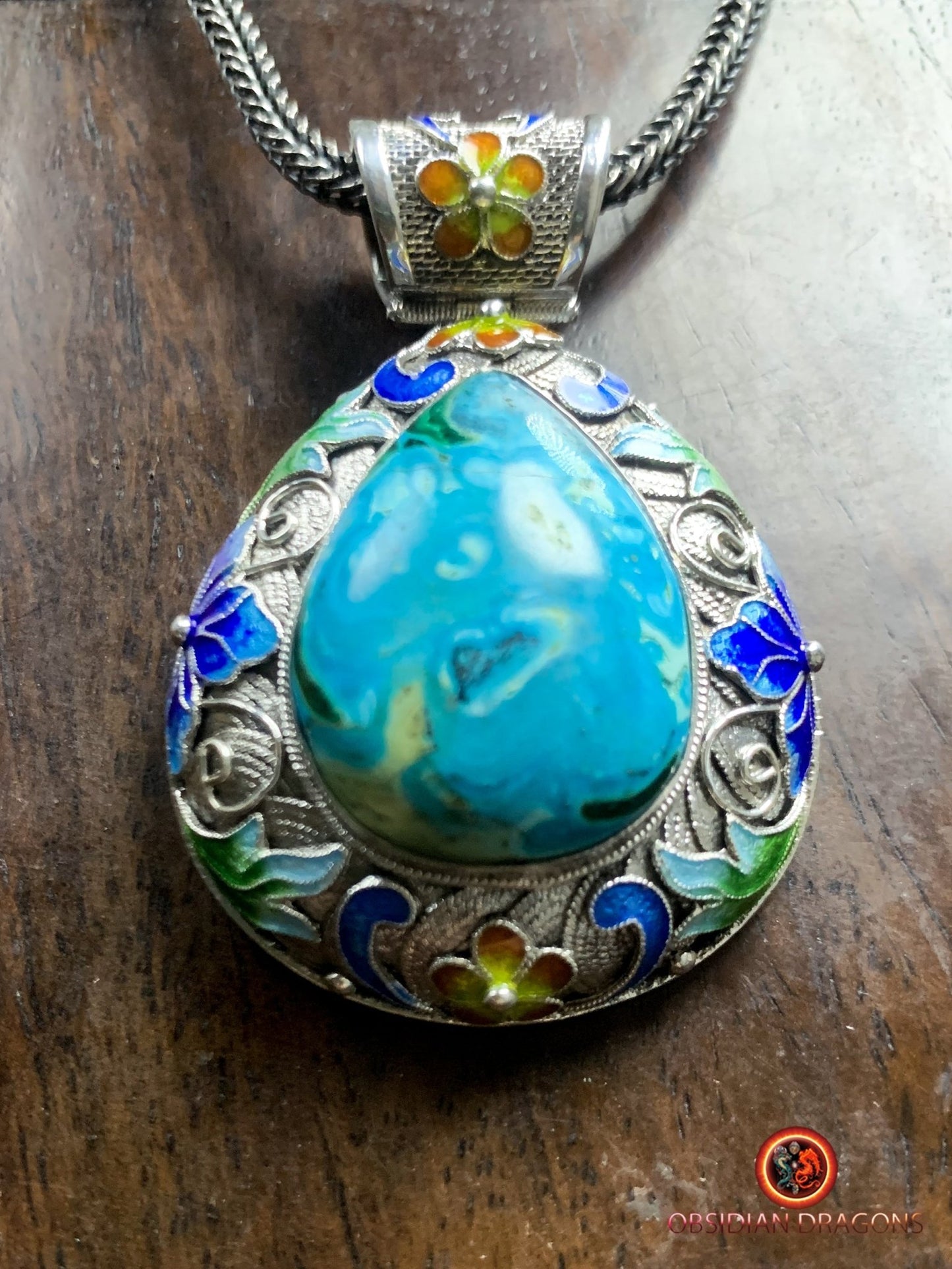 Pendentif en chrysocolle- Argent- Traditionnel Qing Dynastie | obsidian dragons