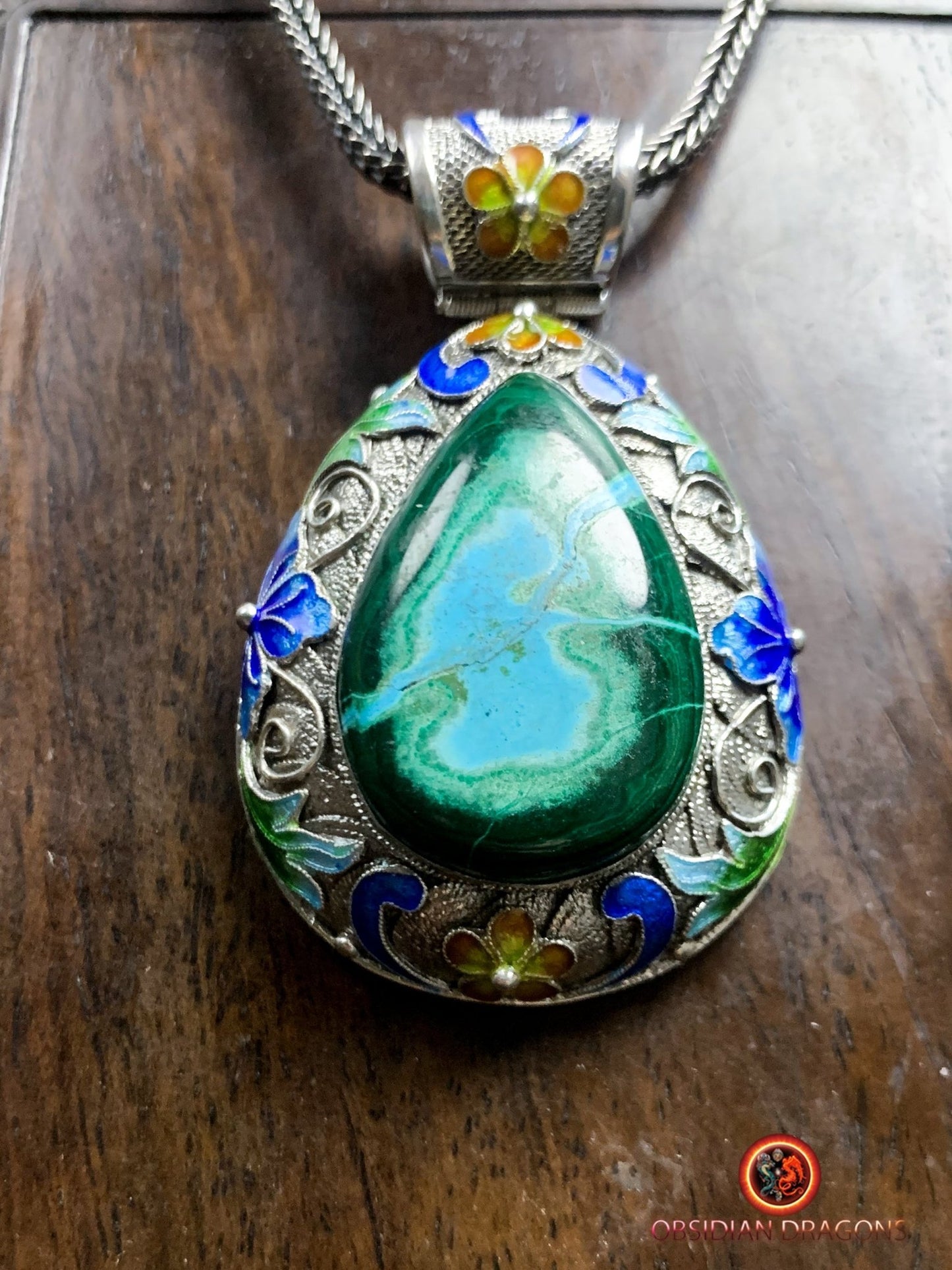 Pendentif en chrysocolle- Argent- Traditionnel dynastie Qing | obsidian dragons