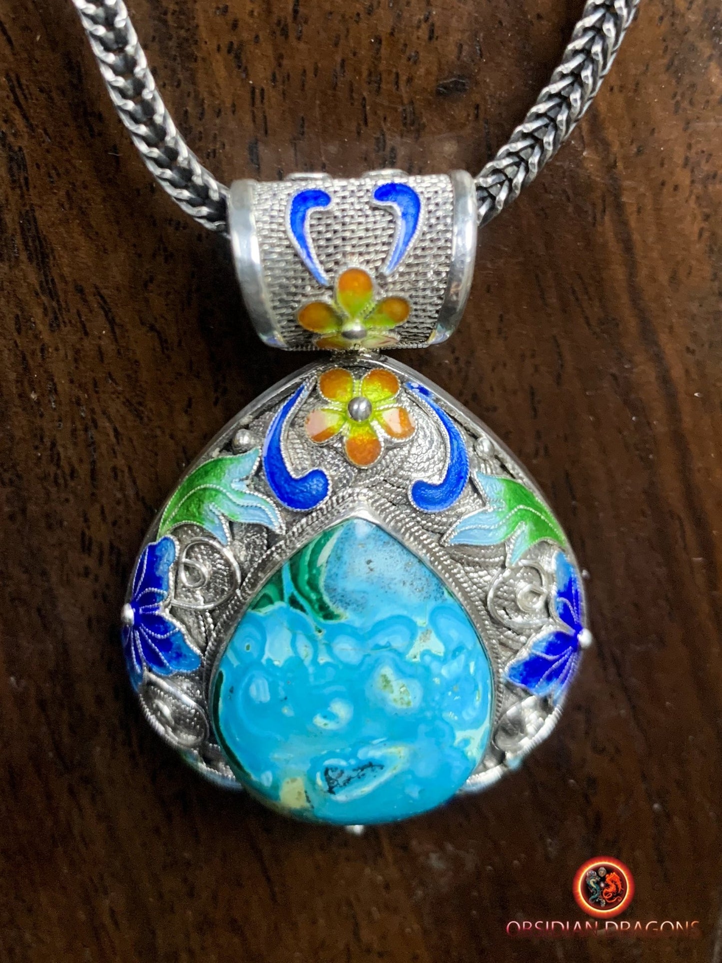 Pendentif en chrysocolle- Argent- Traditionnel Qing Dynastie | obsidian dragons