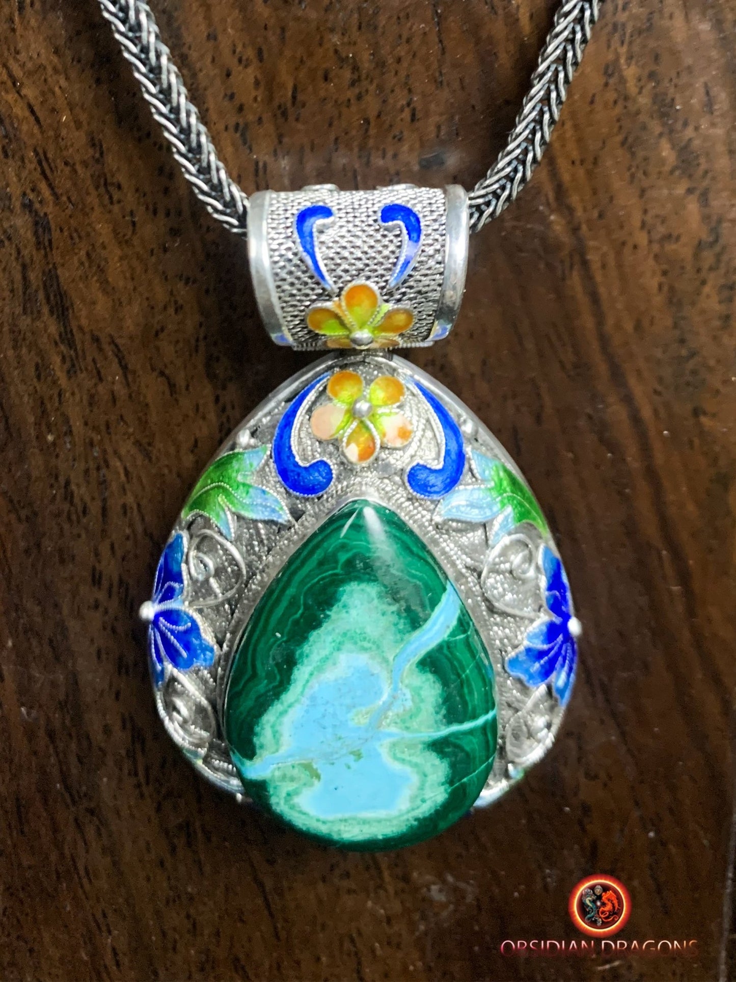 Pendentif en chrysocolle- Argent- Traditionnel dynastie Qing | obsidian dragons