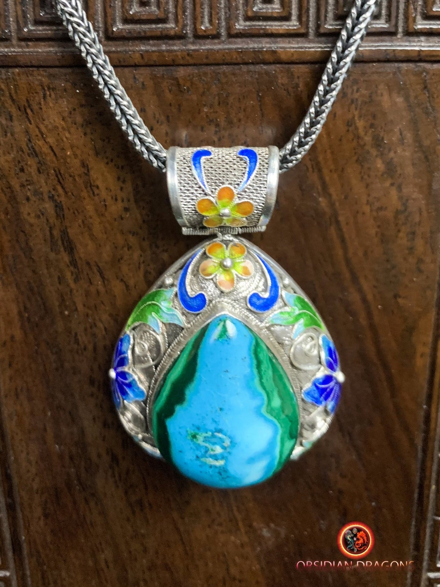 Pendentif en chrysocolle serti en argent 925 filigrané | obsidian dragons