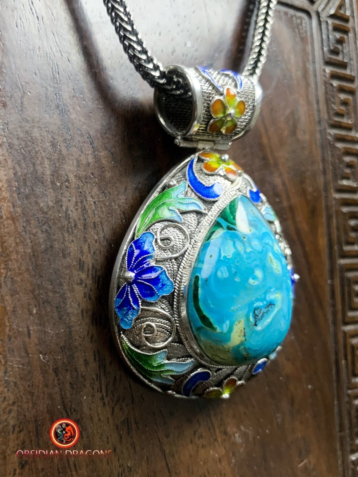 Pendentif en chrysocolle- Argent- Traditionnel Qing Dynastie | obsidian dragons