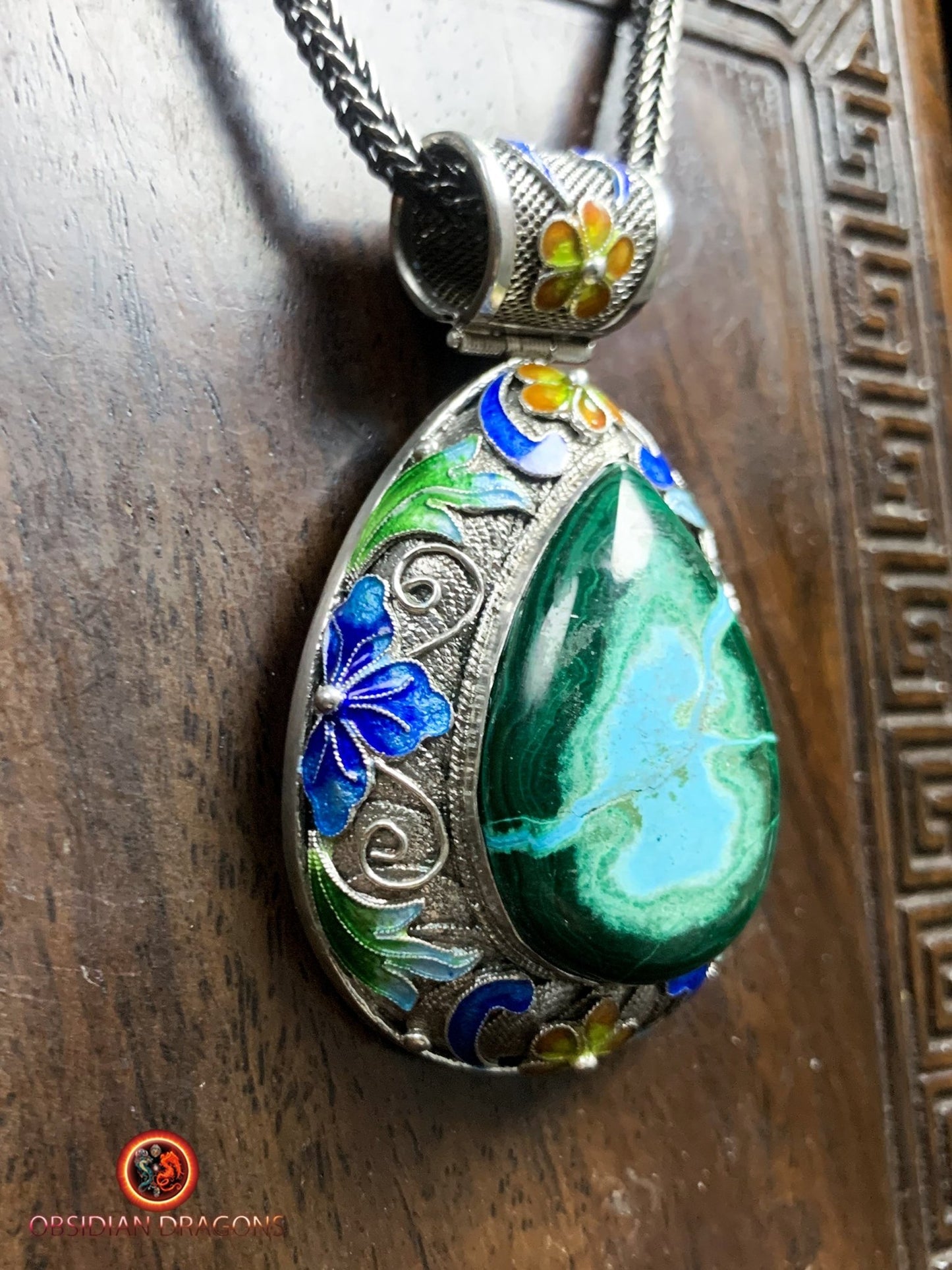 Pendentif en chrysocolle- Argent- Traditionnel dynastie Qing | obsidian dragons