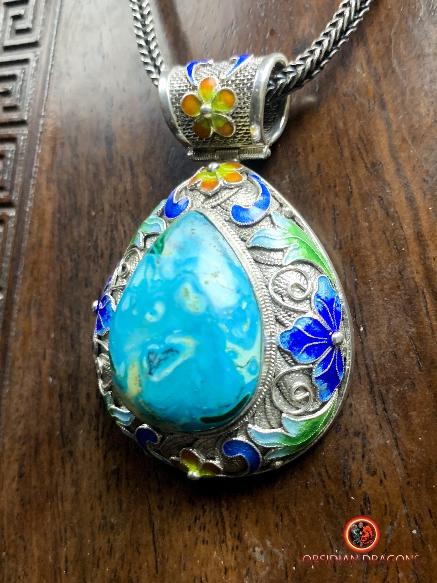 Pendentif en chrysocolle- Argent- Traditionnel Qing Dynastie | obsidian dragons