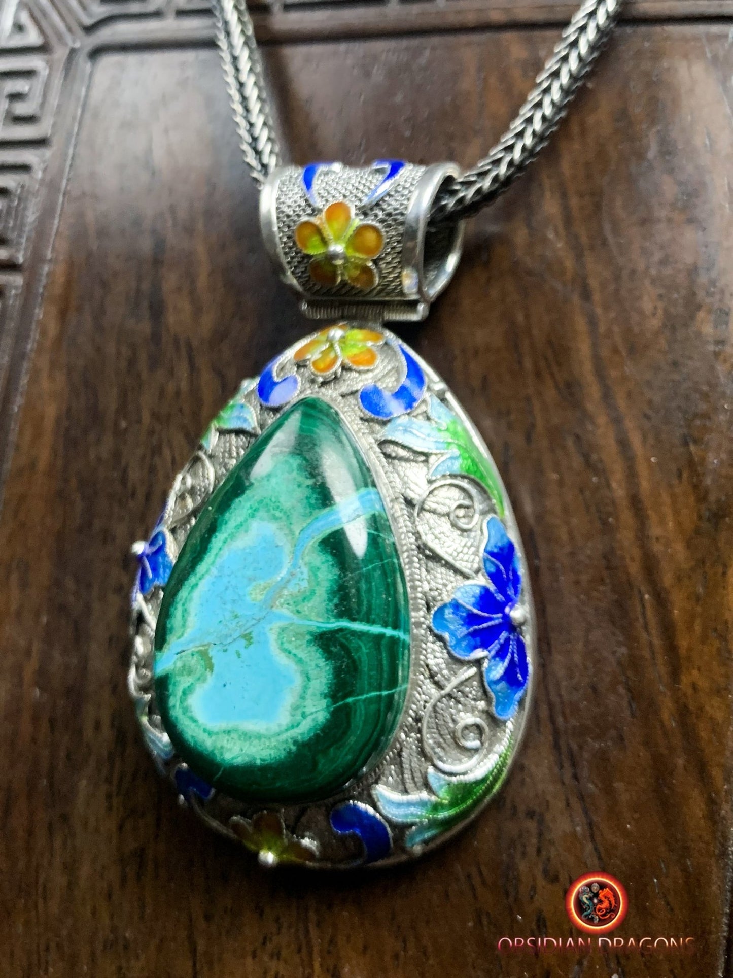 Pendentif en chrysocolle- Argent- Traditionnel dynastie Qing | obsidian dragons