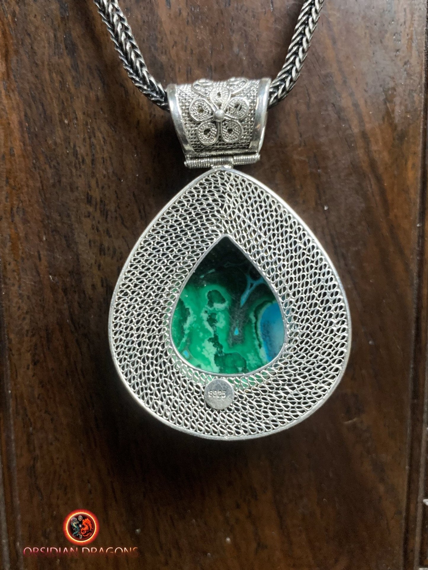 Pendentif en chrysocolle- Argent- Traditionnel Qing Dynastie | obsidian dragons