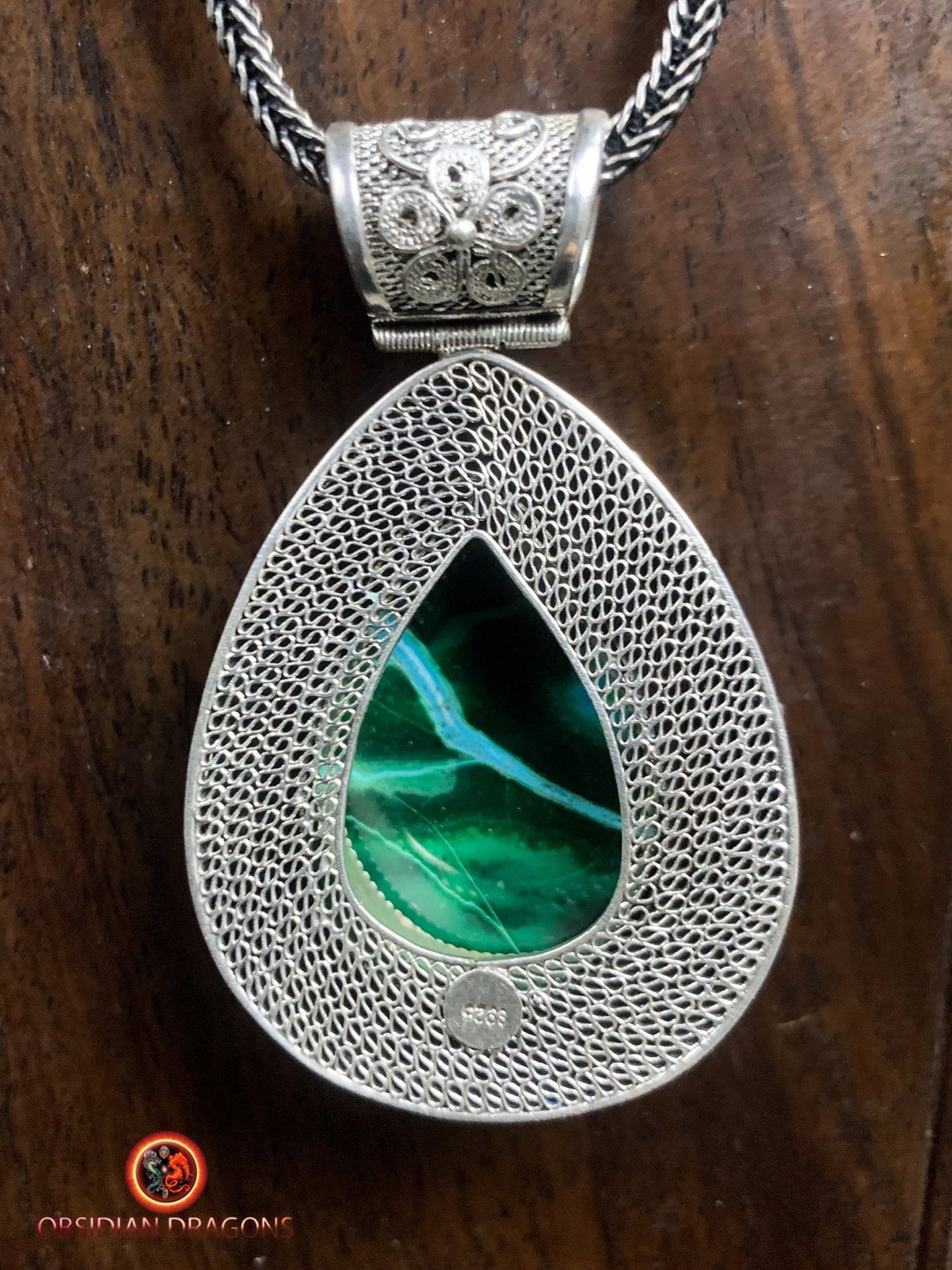 Pendentif en chrysocolle- Argent- Traditionnel dynastie Qing | obsidian dragons